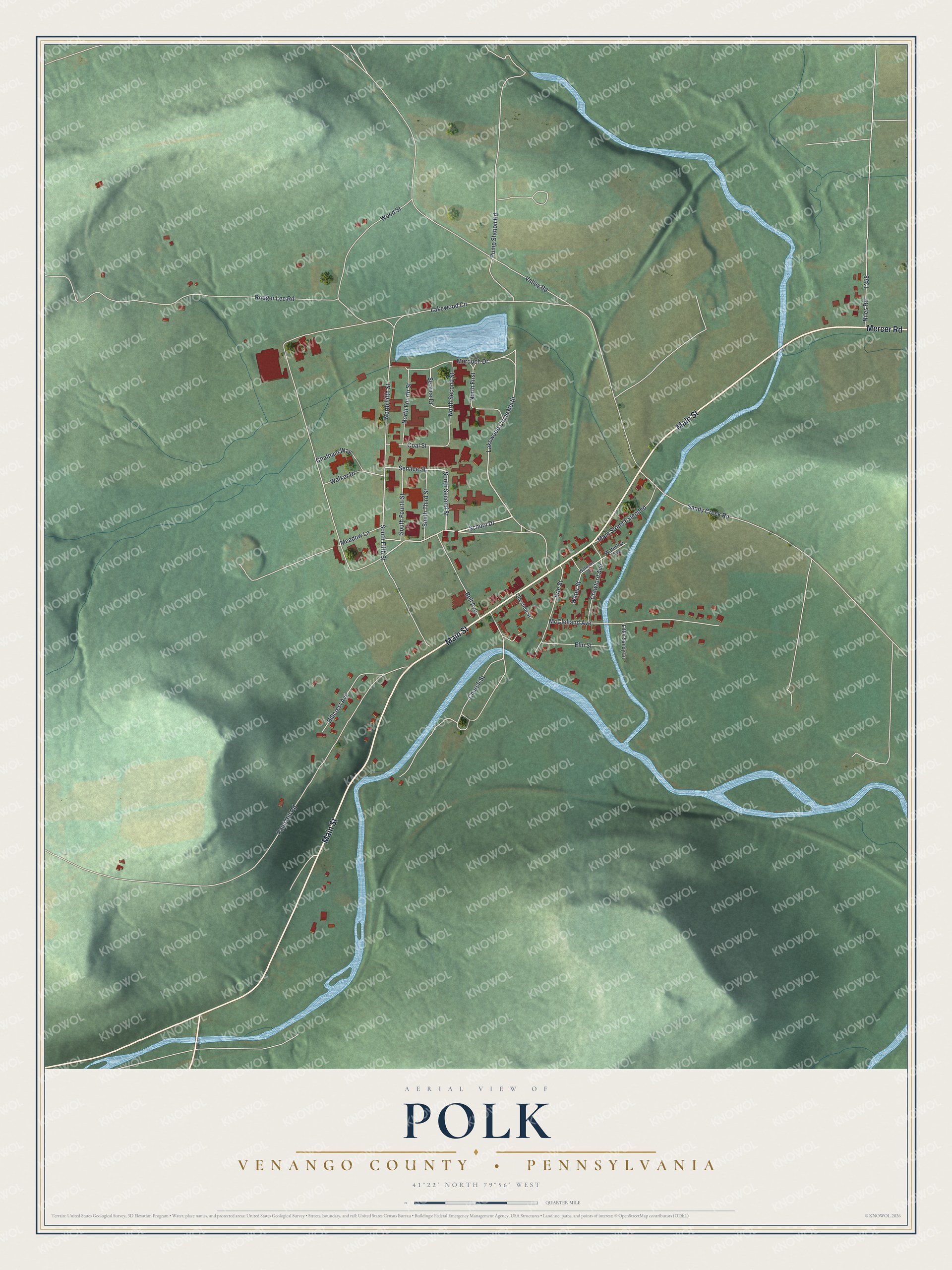 Full map of Polk, Venango County, Pennsylvania, with red buildings, printed street names and the land around them