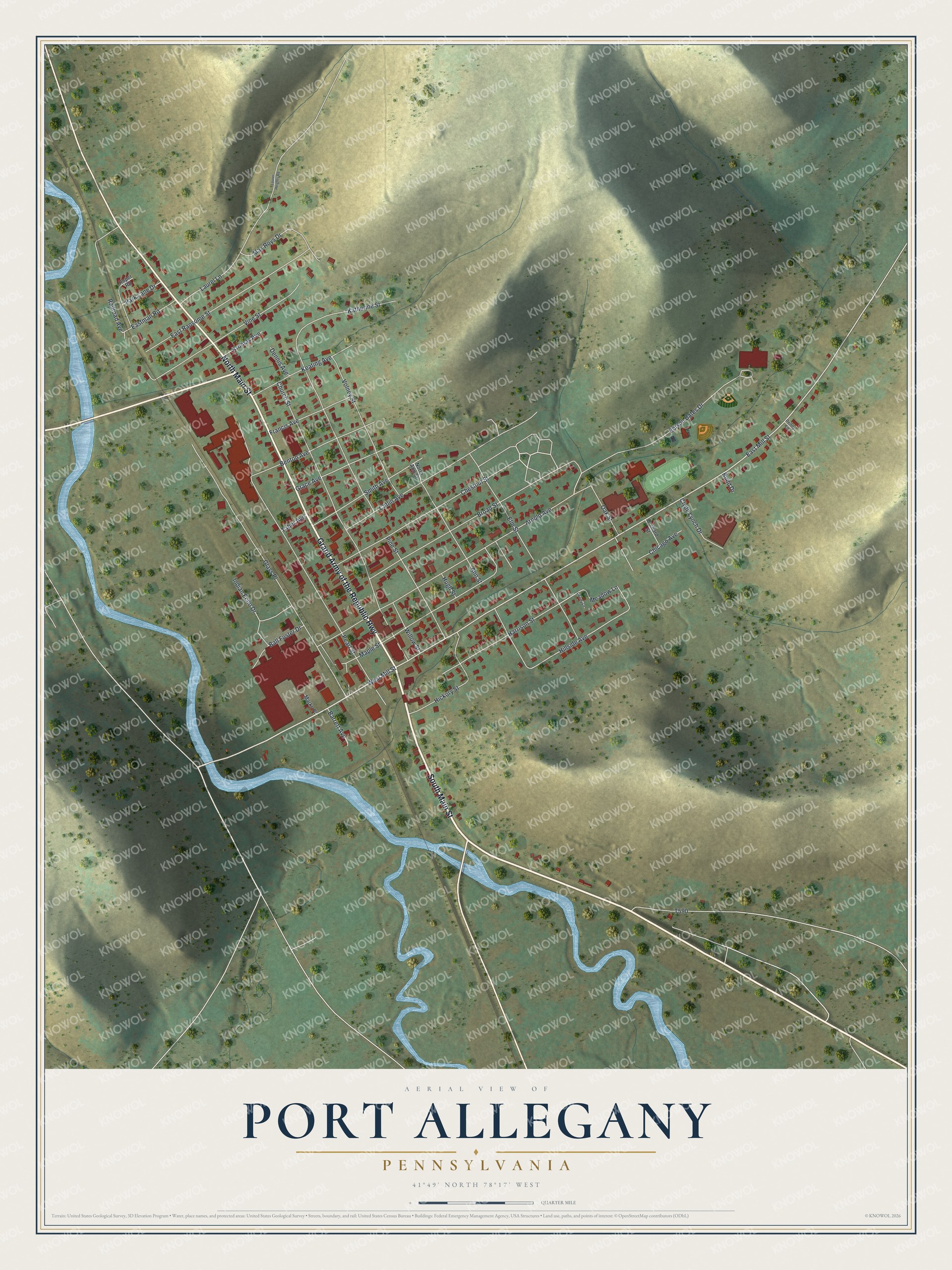 Full map of Port Allegany, Pennsylvania, with red buildings, printed street names and the land around them