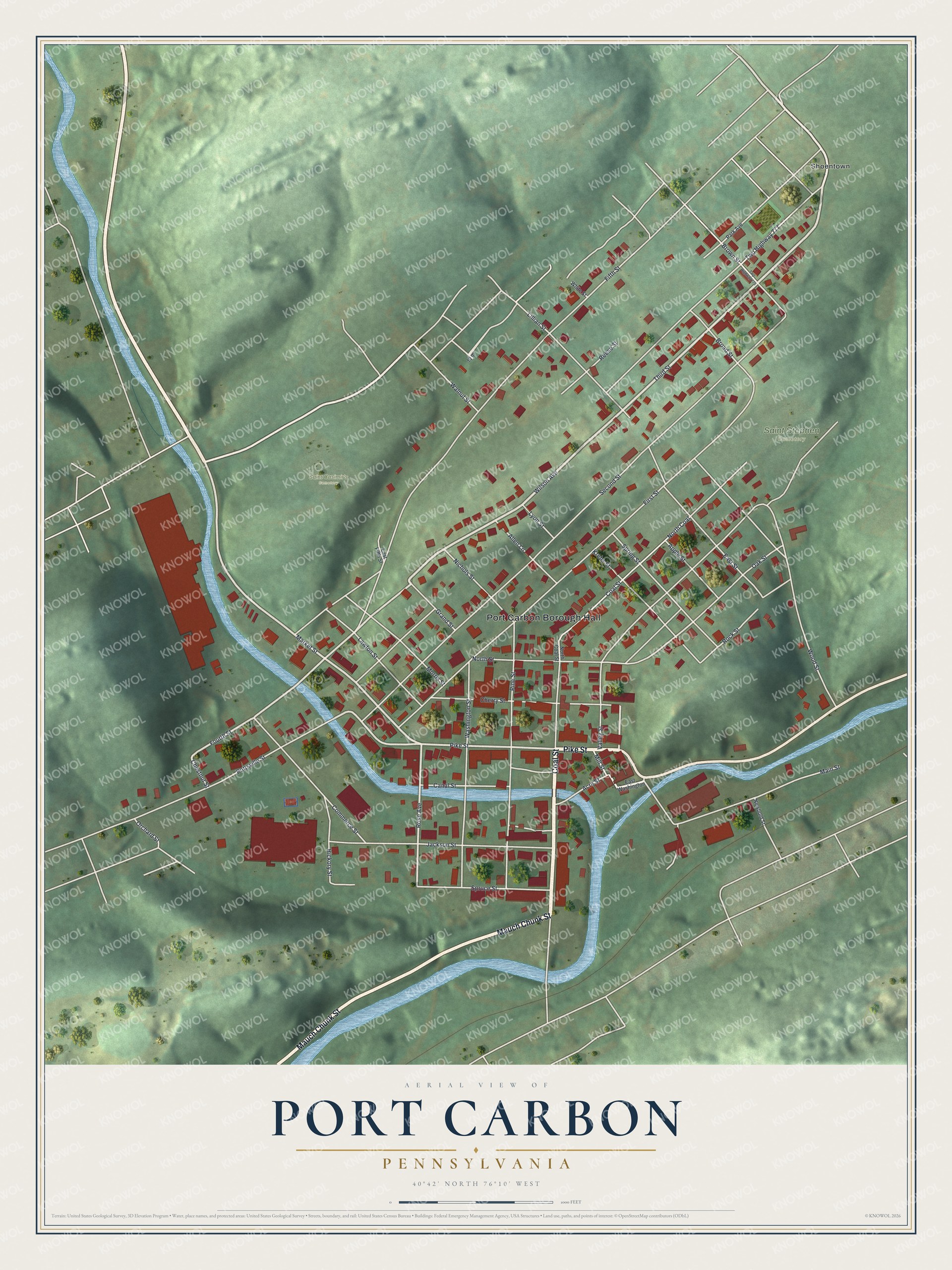 Full map of Port Carbon, Pennsylvania, with red buildings, printed street names and the land around them