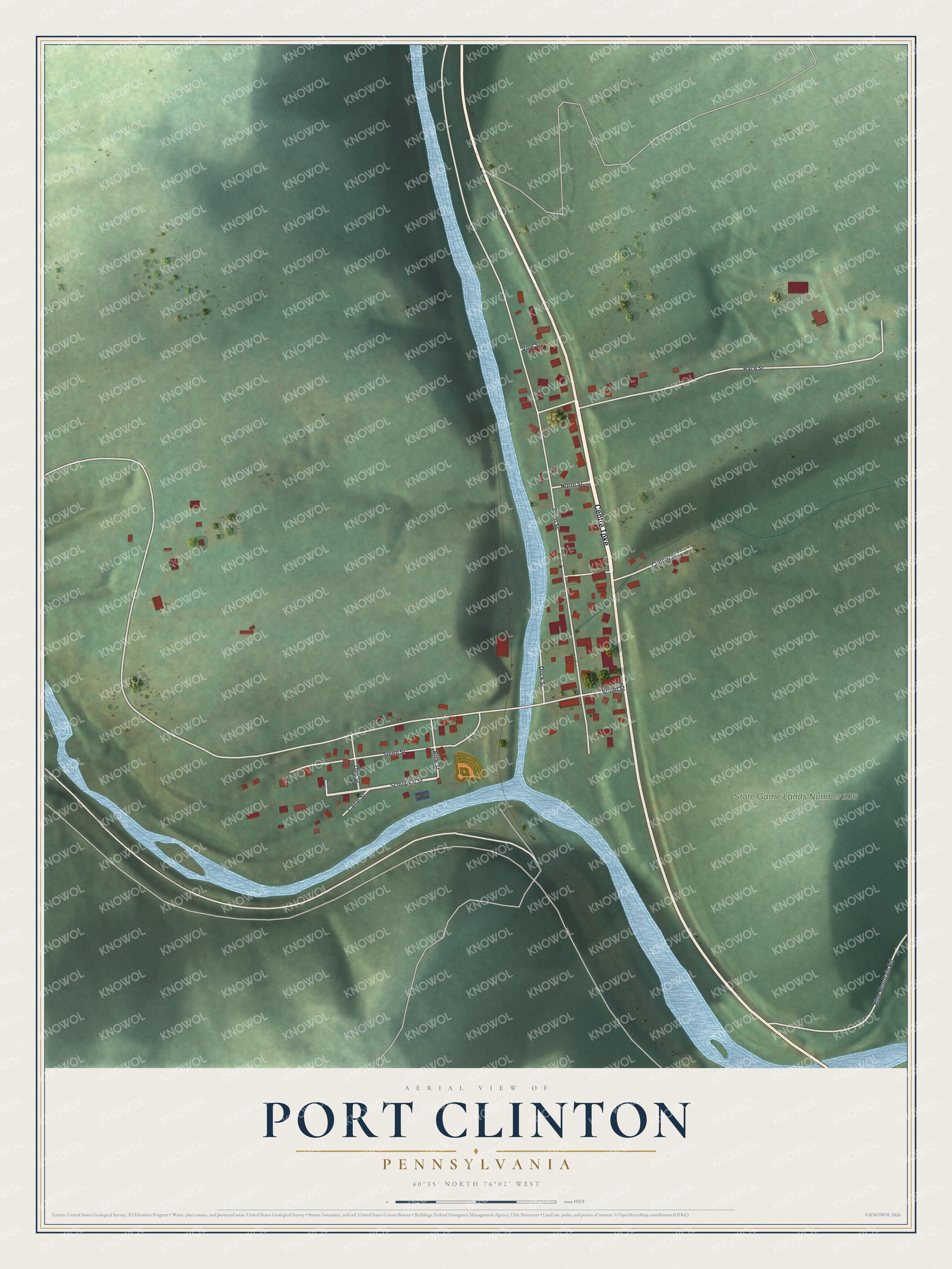 Full map of Port Clinton, Pennsylvania, with red buildings, printed street names and the land around them