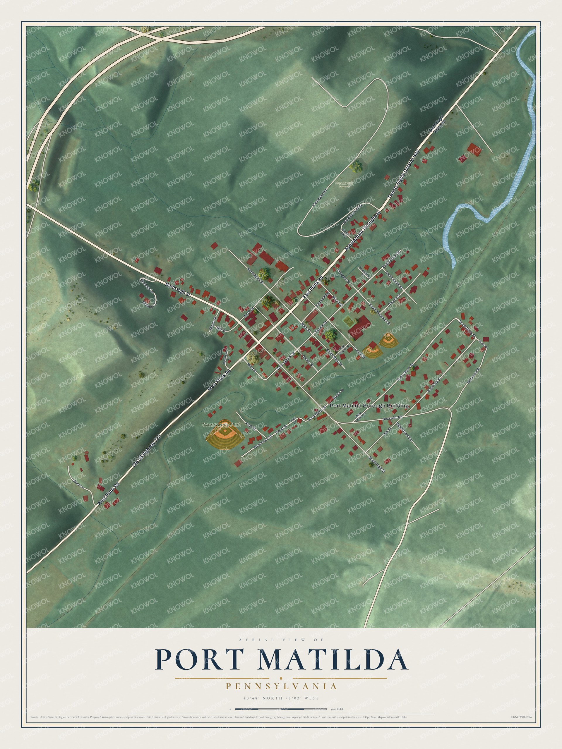 Full map of Port Matilda, Pennsylvania, with red buildings, printed street names and the land around them