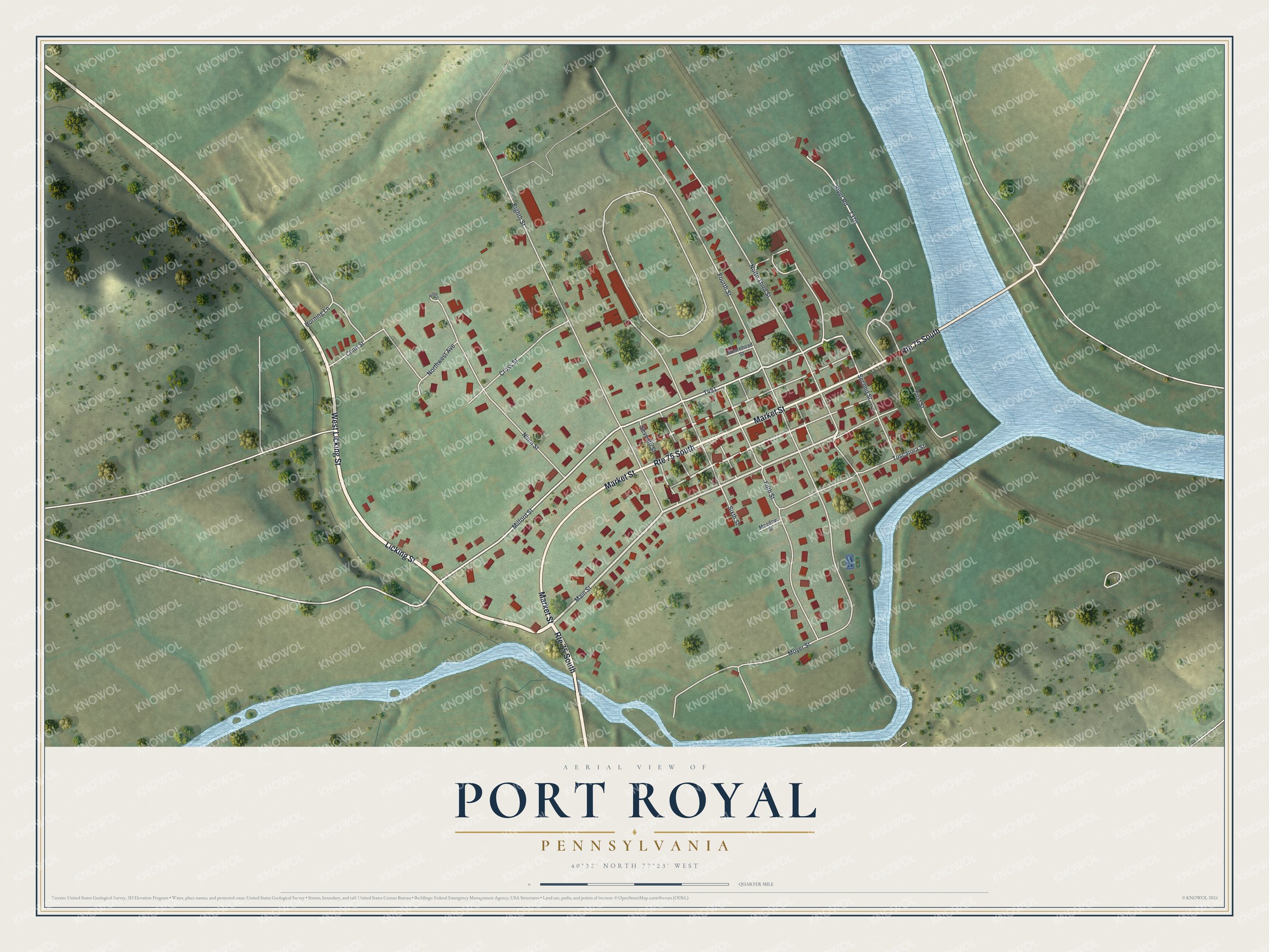 Full map of Port Royal, Pennsylvania, with red buildings, printed street names and the land around them
