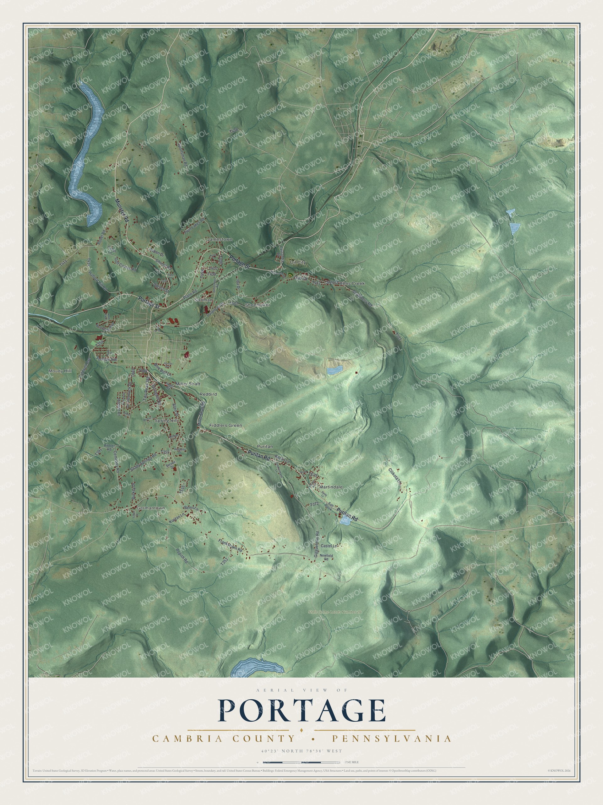 Full map of Portage Township, Cambria County, Pennsylvania, with red buildings, printed street names and the land around them