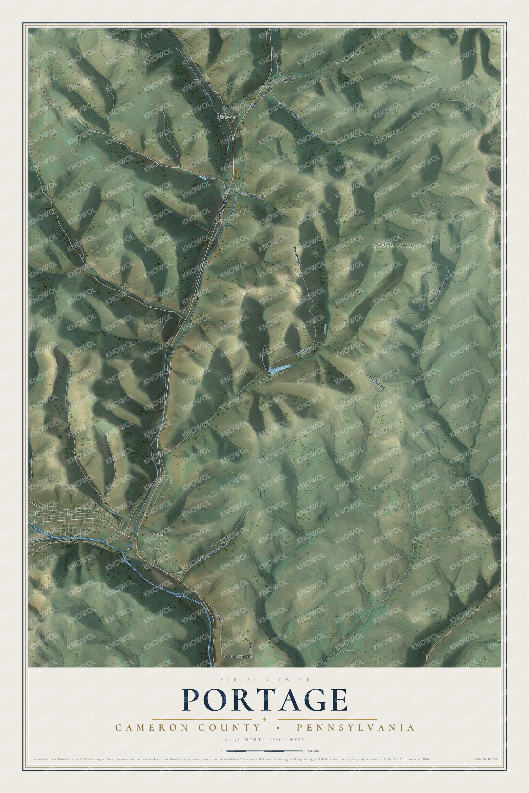 Full map of Portage, Cameron County, Pennsylvania, with red buildings, printed street names and the land around them
