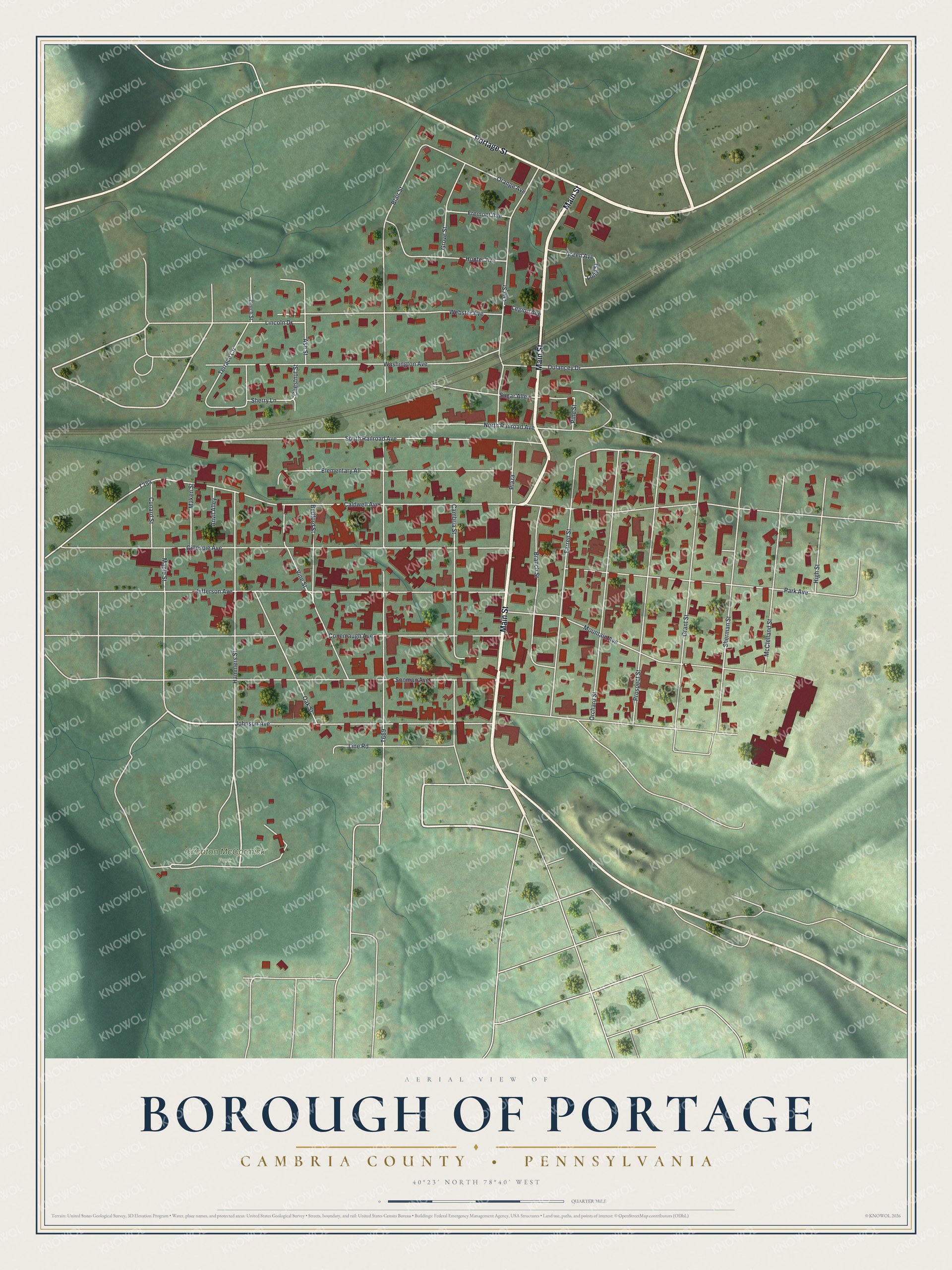 Full map of Portage Borough, Cambria County, Pennsylvania, with red buildings, printed street names and the land around them