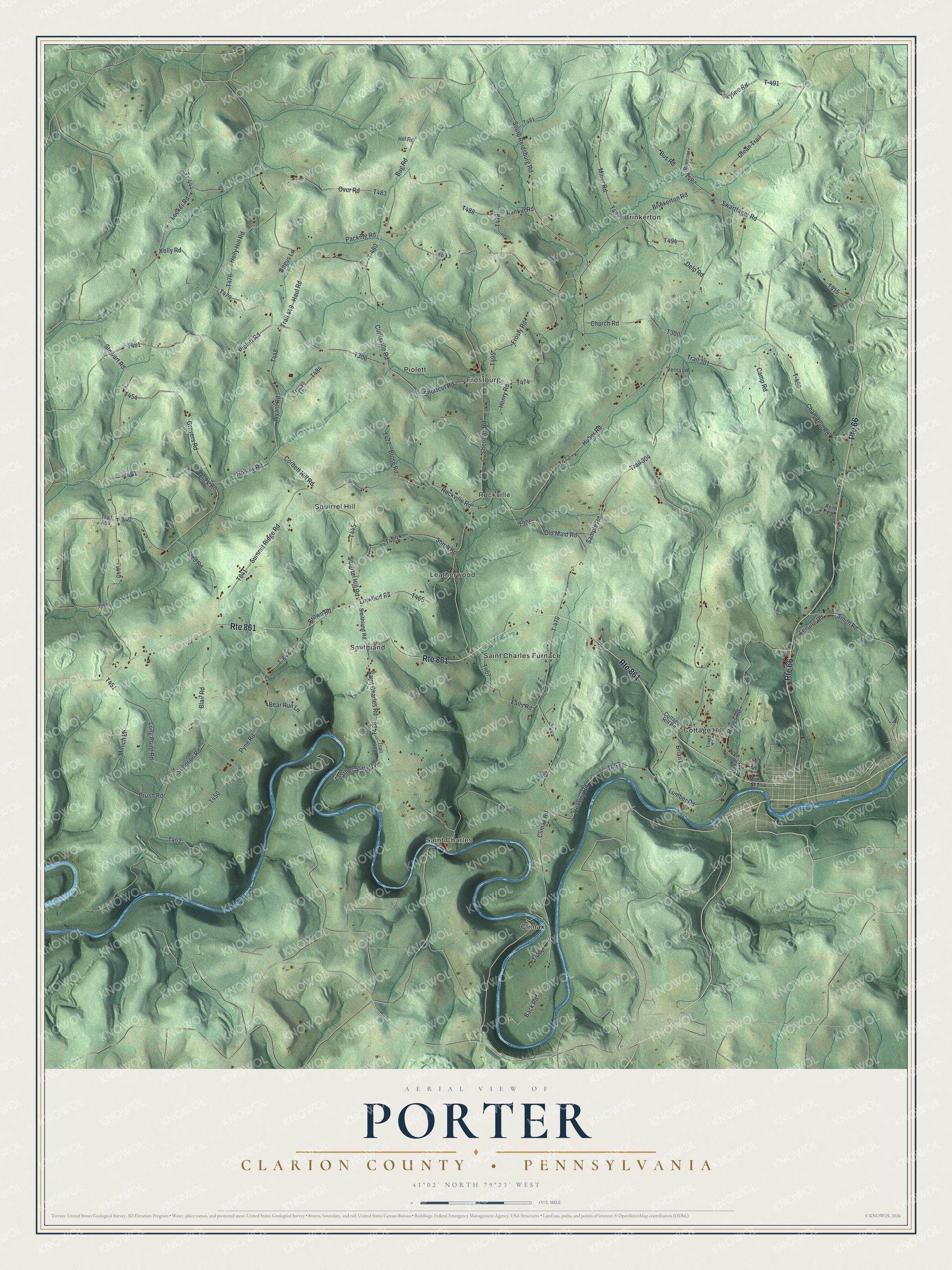 Full map of Porter, Clarion County, Pennsylvania, with red buildings, printed street names and the land around them