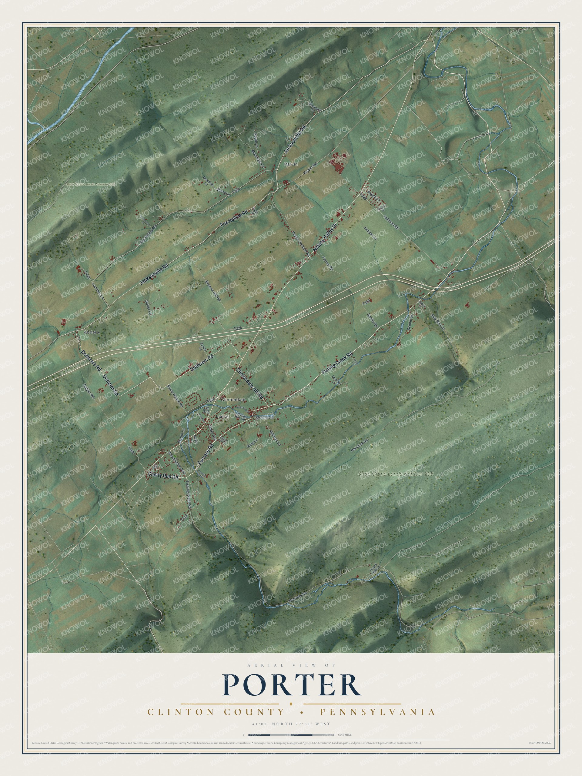 Full map of Porter, Clinton County, Pennsylvania, with red buildings, printed street names and the land around them