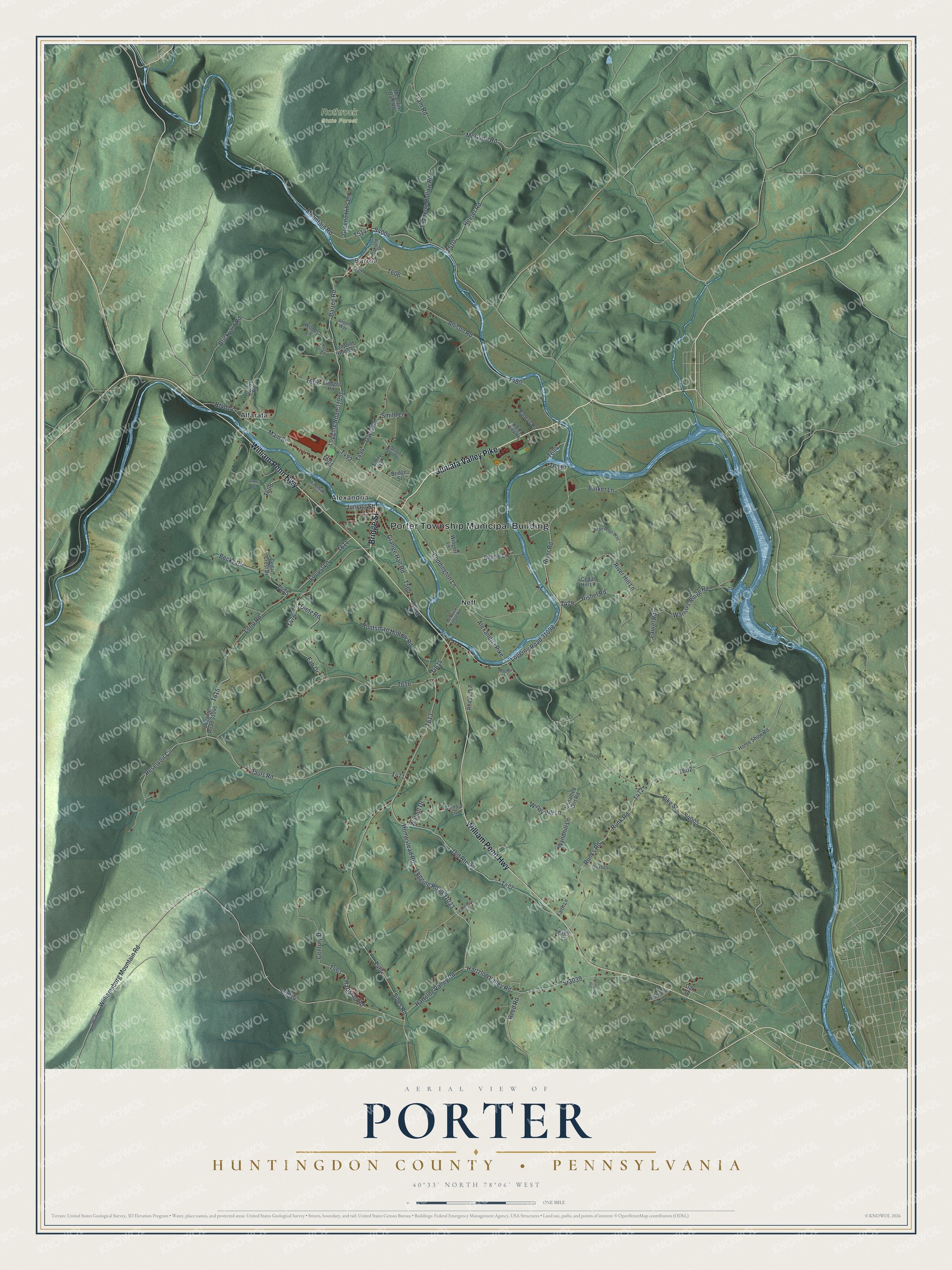 Full map of Porter, Huntingdon County, Pennsylvania, with red buildings, printed street names and the land around them