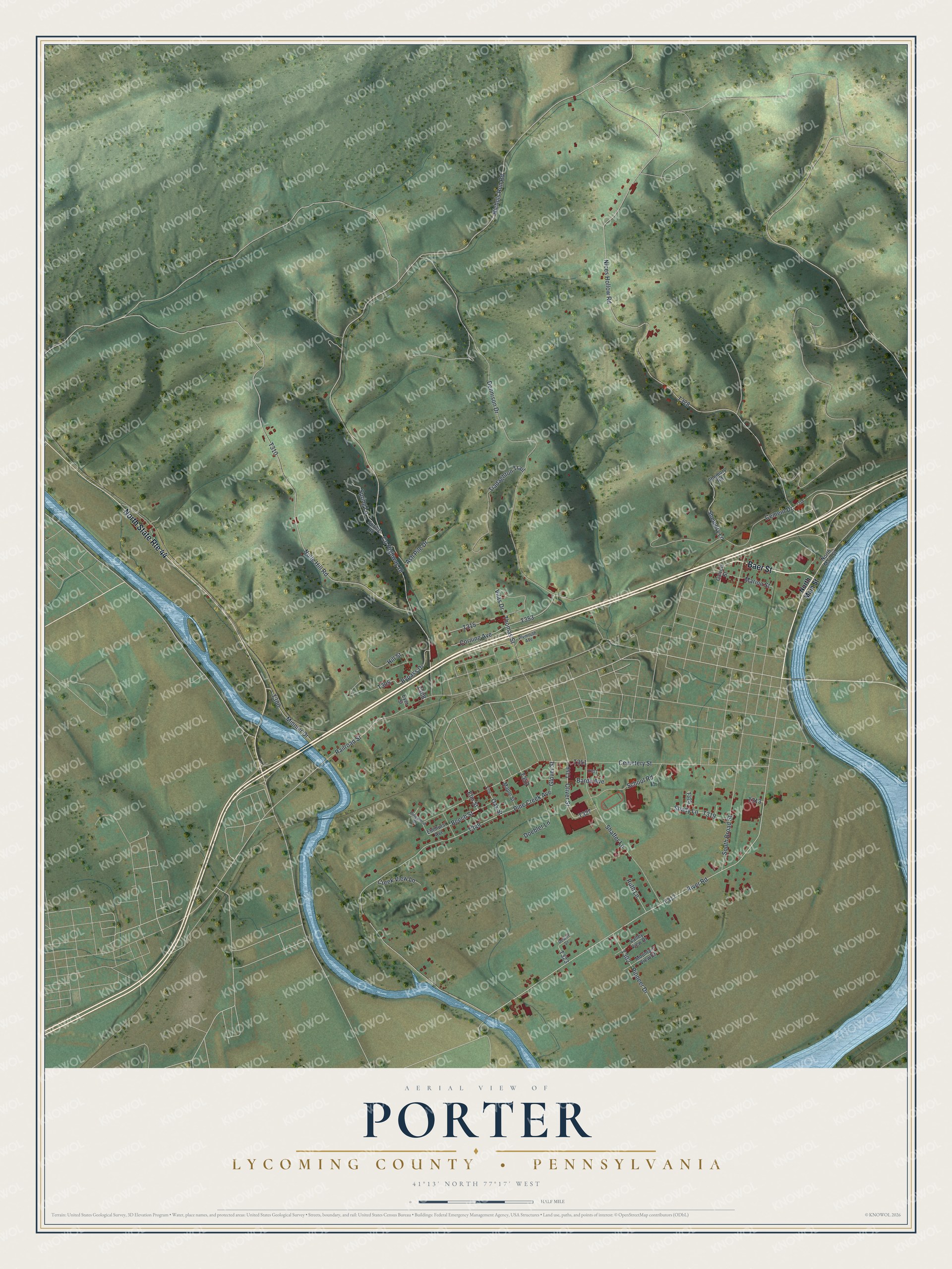 Full map of Porter, Lycoming County, Pennsylvania, with red buildings, printed street names and the land around them