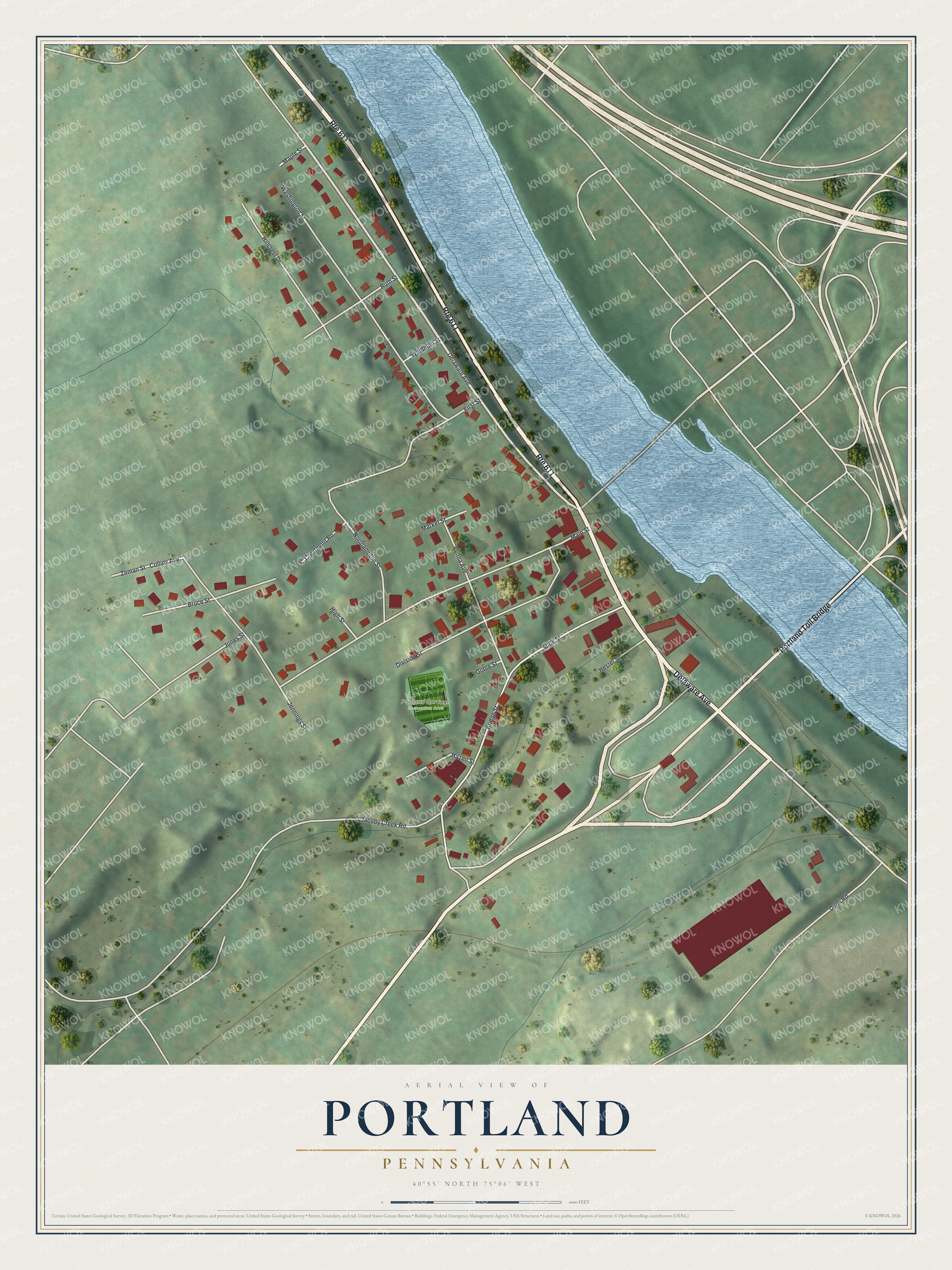 Full map of Portland, Pennsylvania, with red buildings, printed street names and the land around them