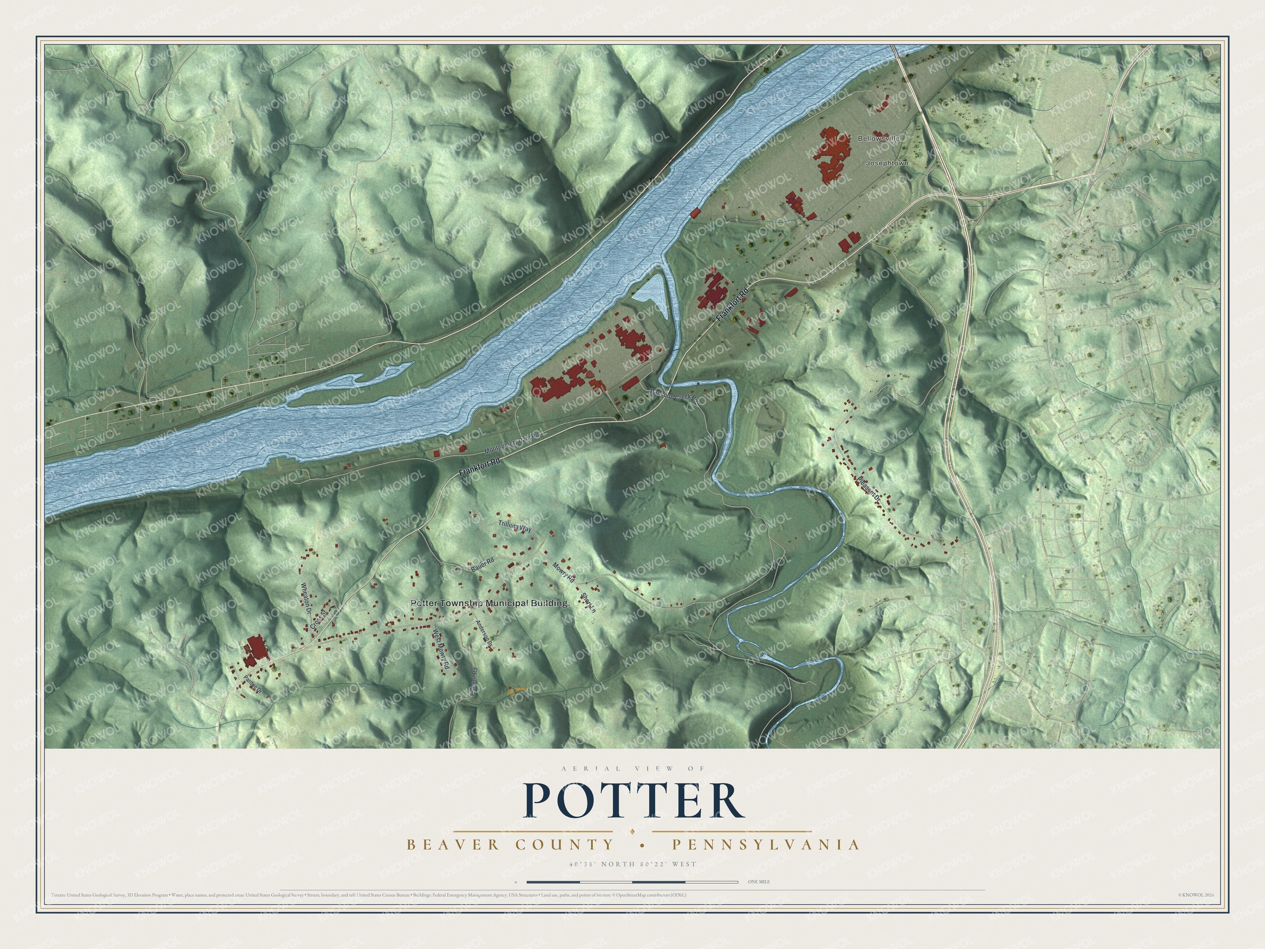 Full map of Potter, Beaver County, Pennsylvania, with red buildings, printed street names and the land around them