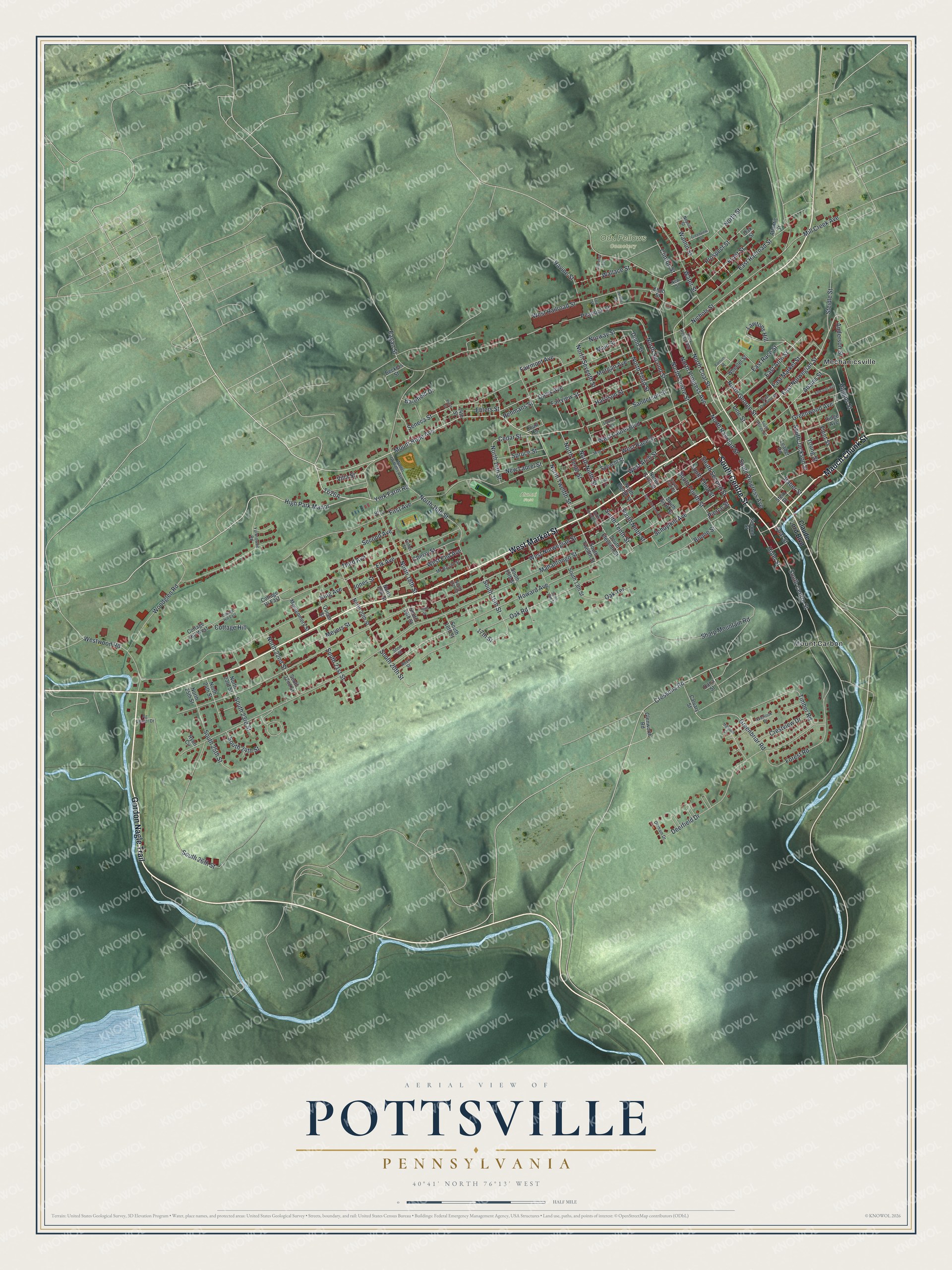 Full Pottsville aerial map with red buildings, green ridges, blue waterways and a cream Pennsylvania title panel