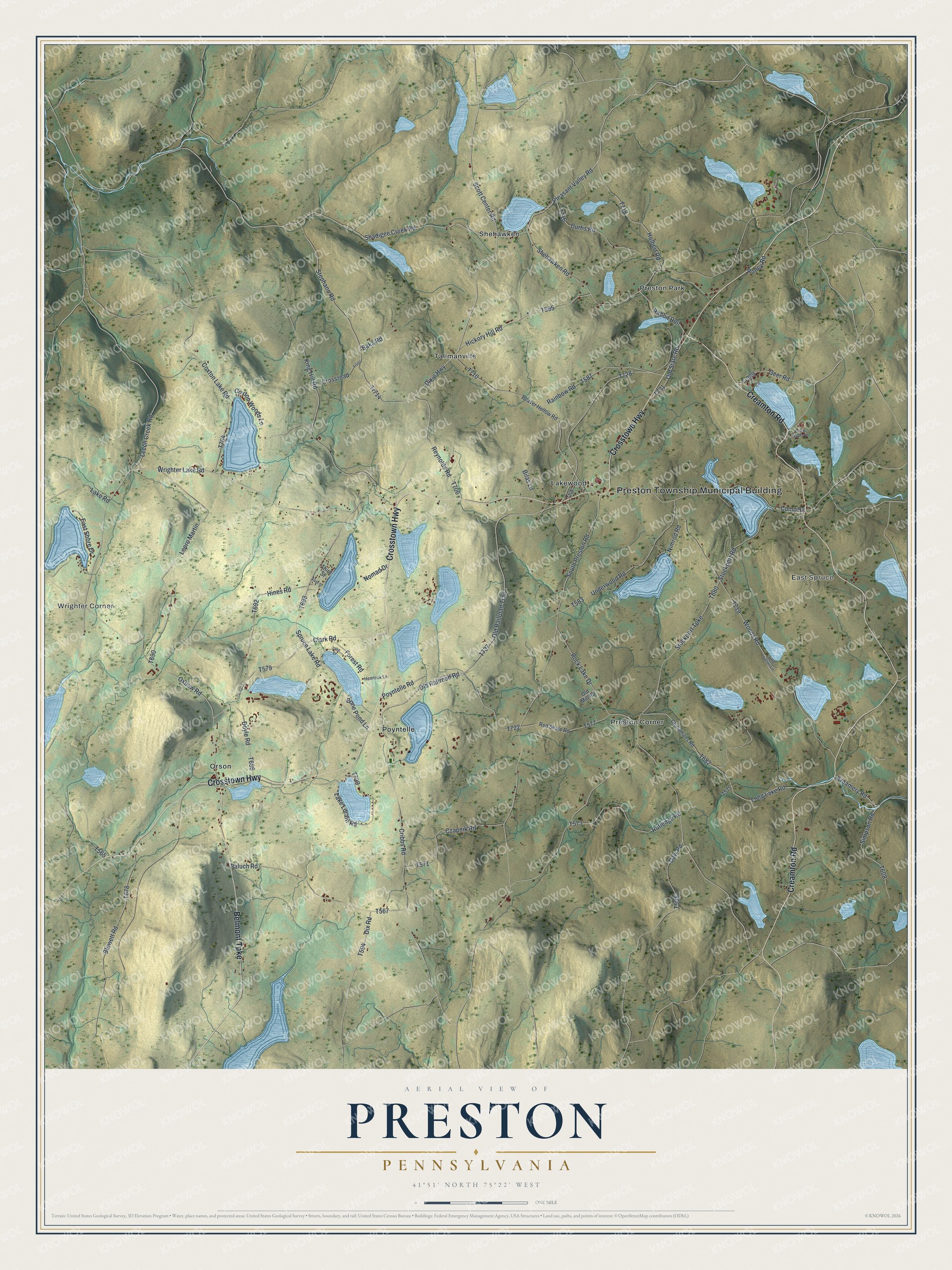 Full map of Preston, Pennsylvania, with red buildings, printed street names and the land around them