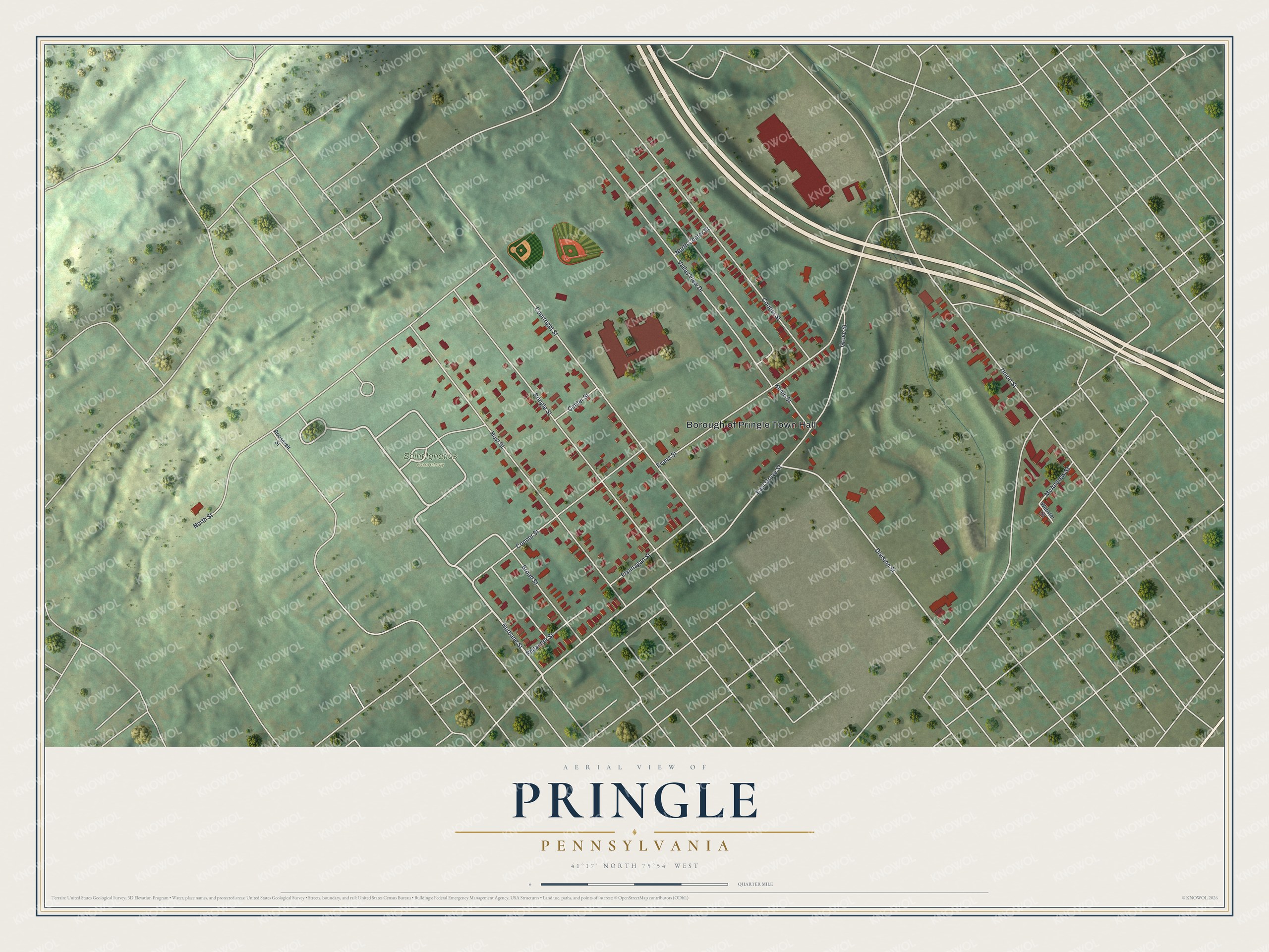 Full Pringle, Pennsylvania map with red buildings, green hills, pale streets and a cream title panel beneath the aerial view