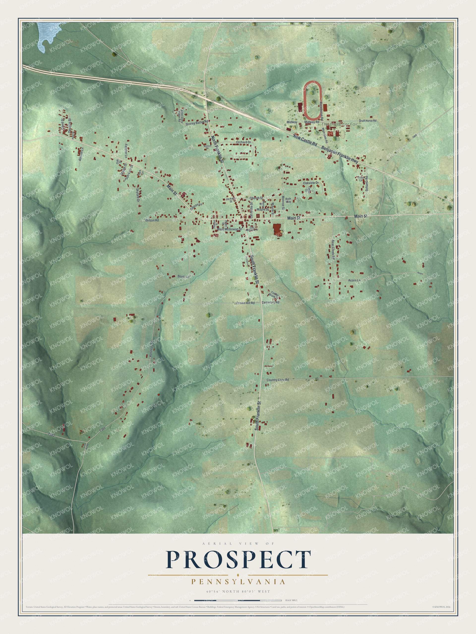 Full map of Prospect, Pennsylvania, with red buildings, printed street names and the land around them