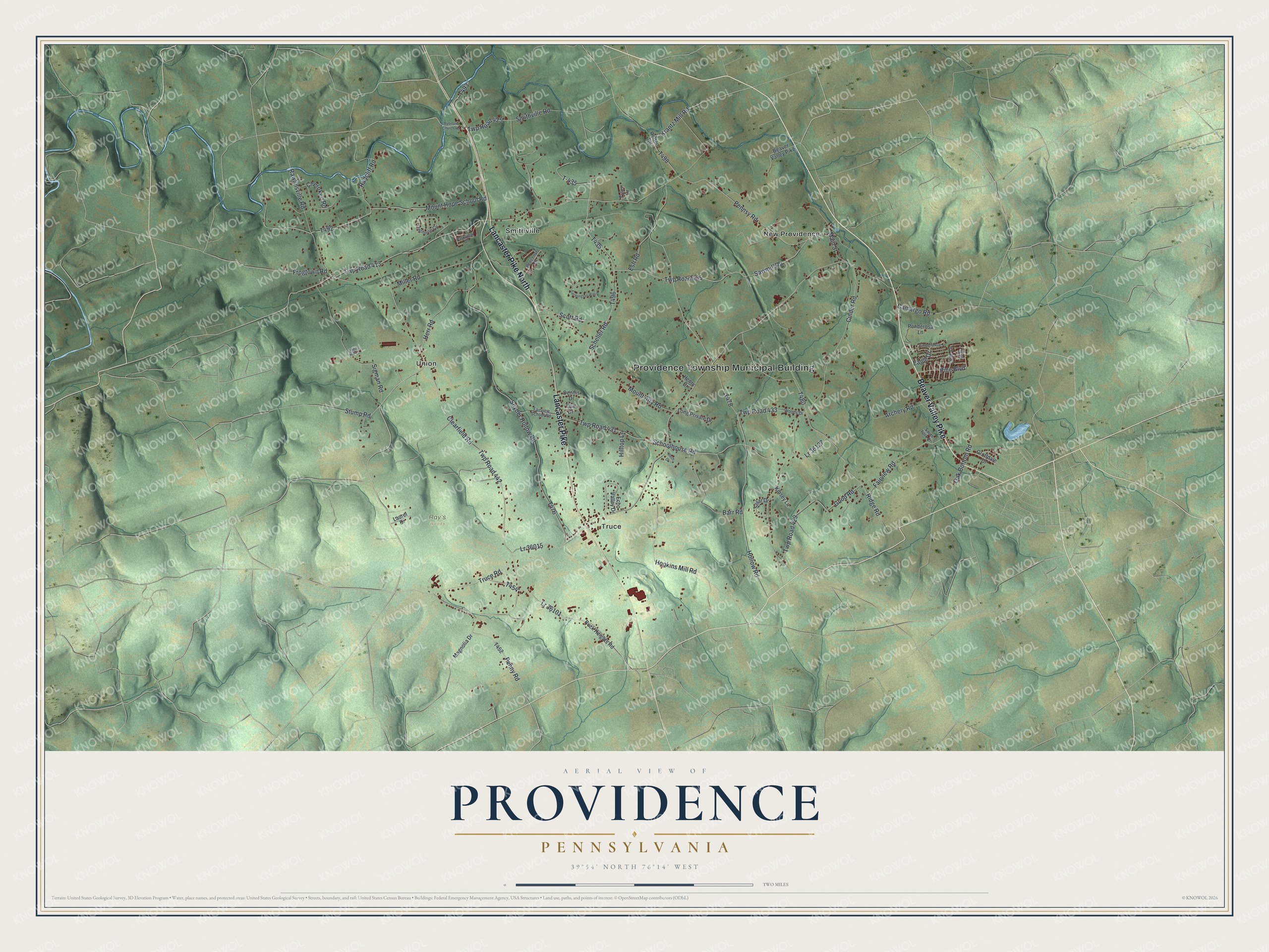 Full Providence map with green shaded hills, blue streams, red buildings and labels for New Providence, Smithville, Union and Truce