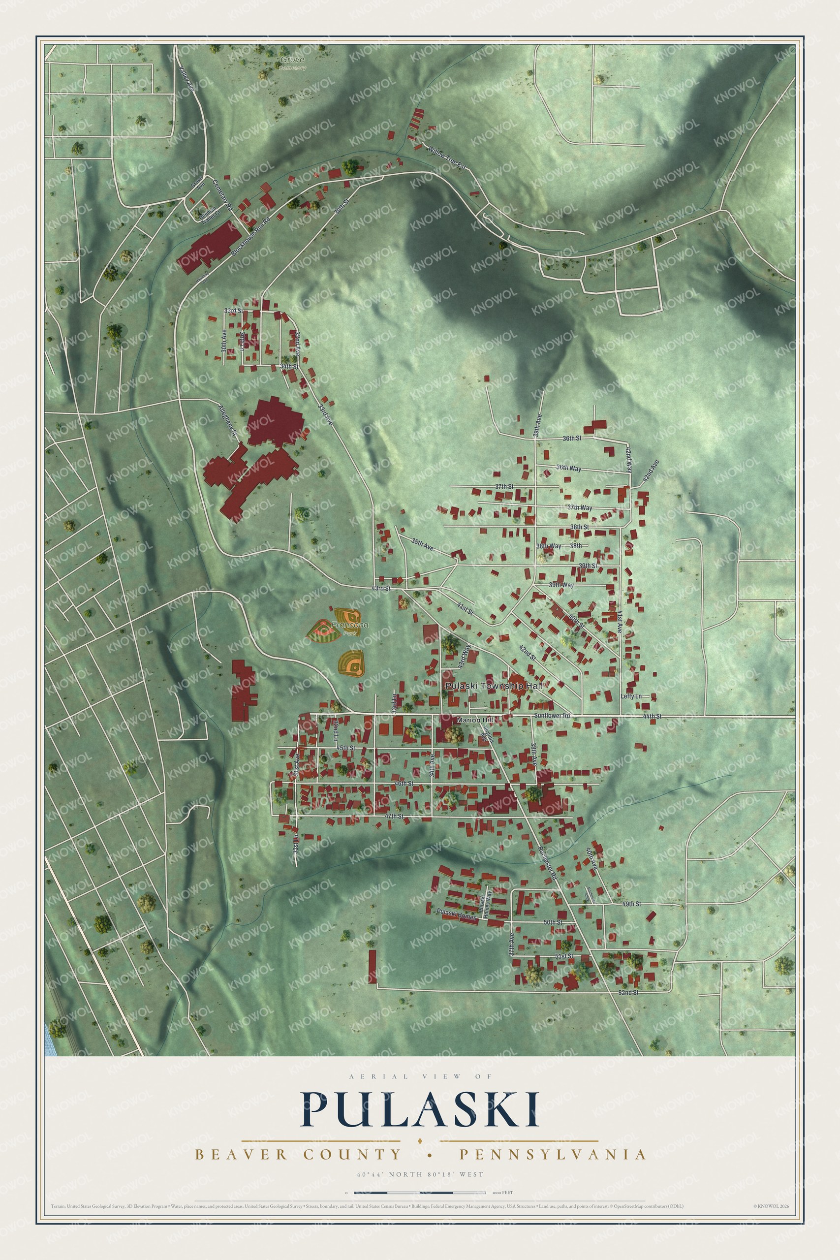 Full map of Pulaski, Beaver County, Pennsylvania, with red buildings, printed street names and the land around them
