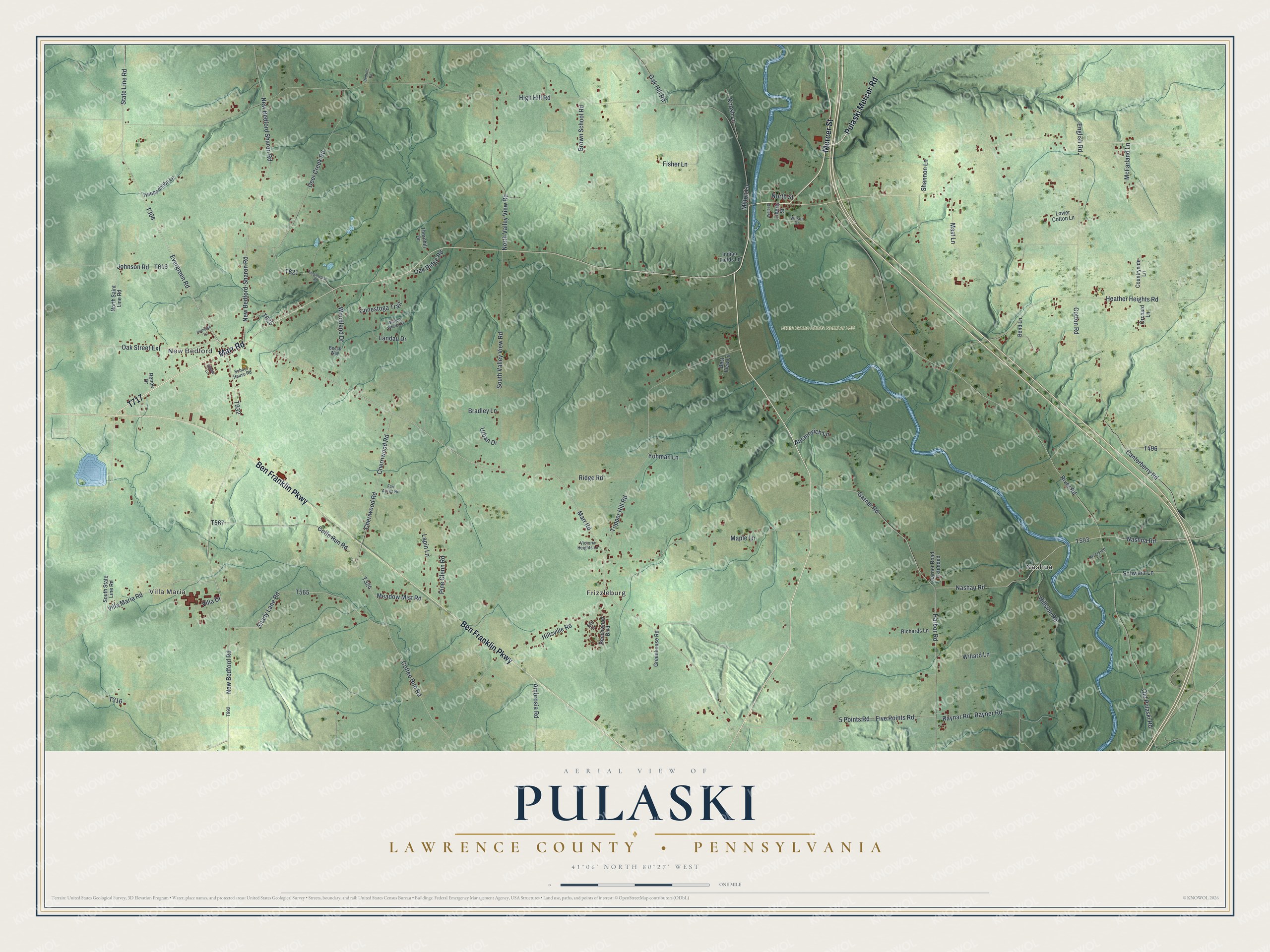 Full map of Pulaski, Lawrence County, Pennsylvania, with red buildings, printed street names and the land around them