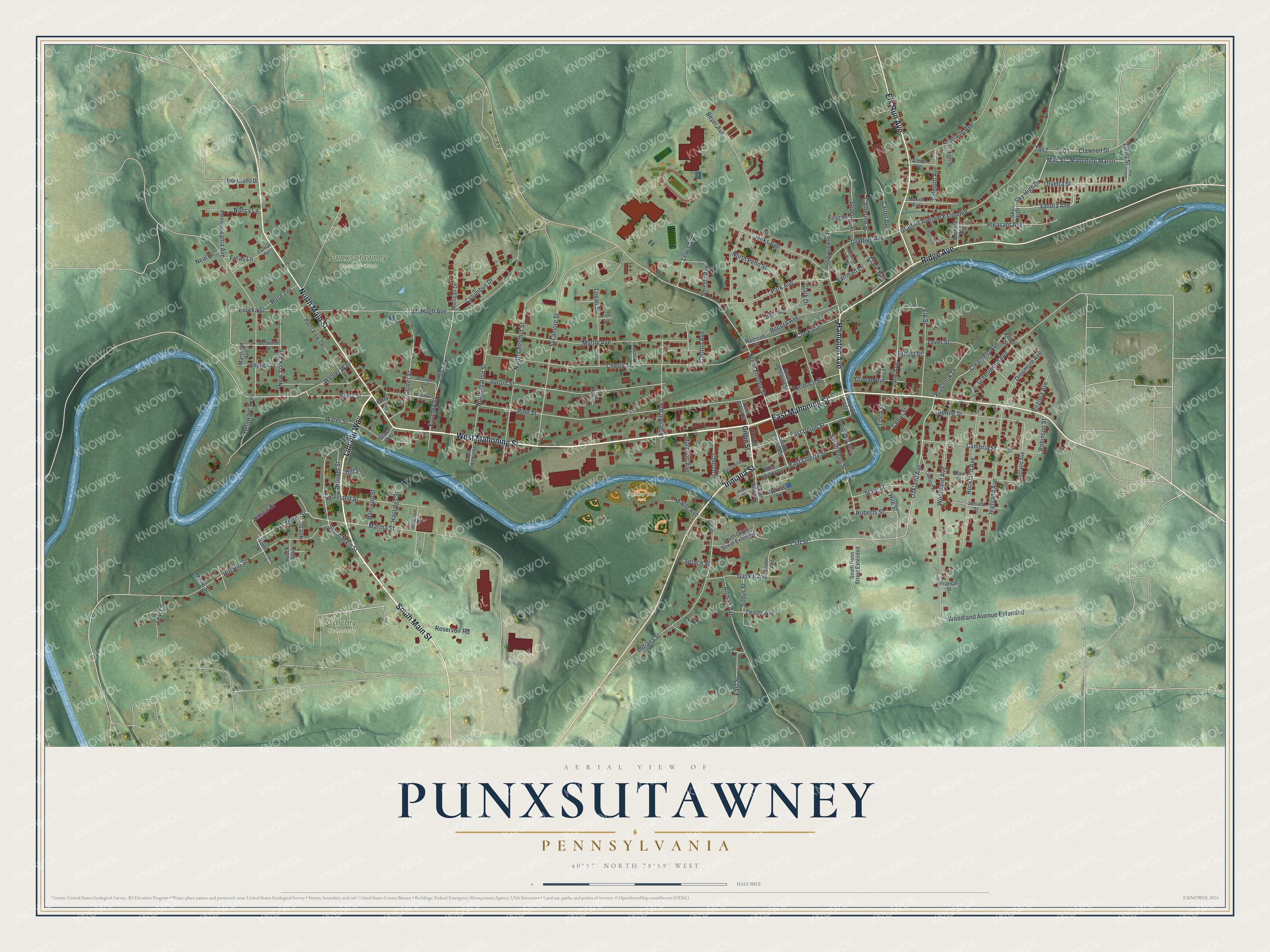 Full map of Punxsutawney, Pennsylvania, with red buildings, printed street names and the land around them
