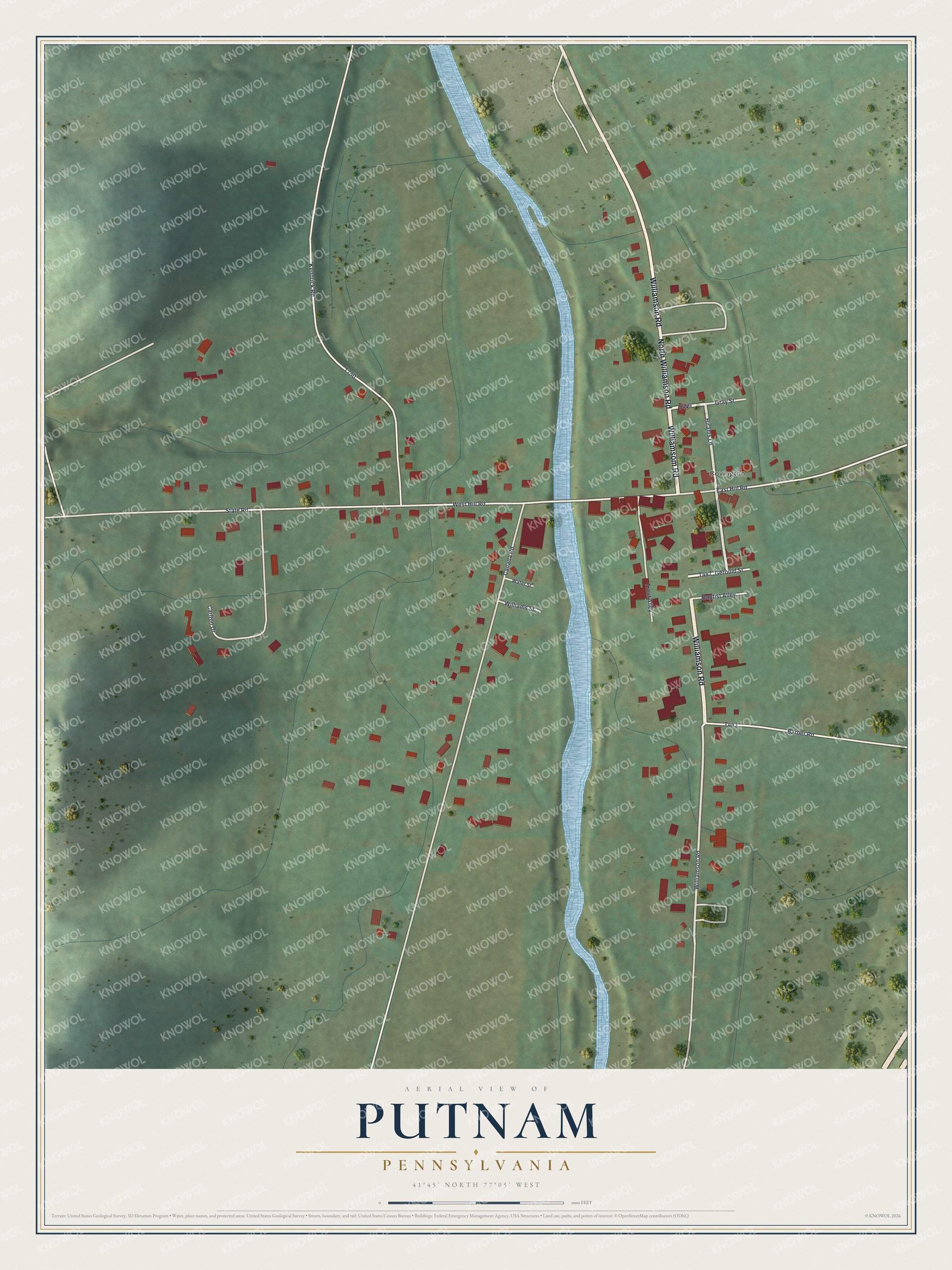 Full map of Putnam, Pennsylvania, with red buildings, printed street names and the land around them