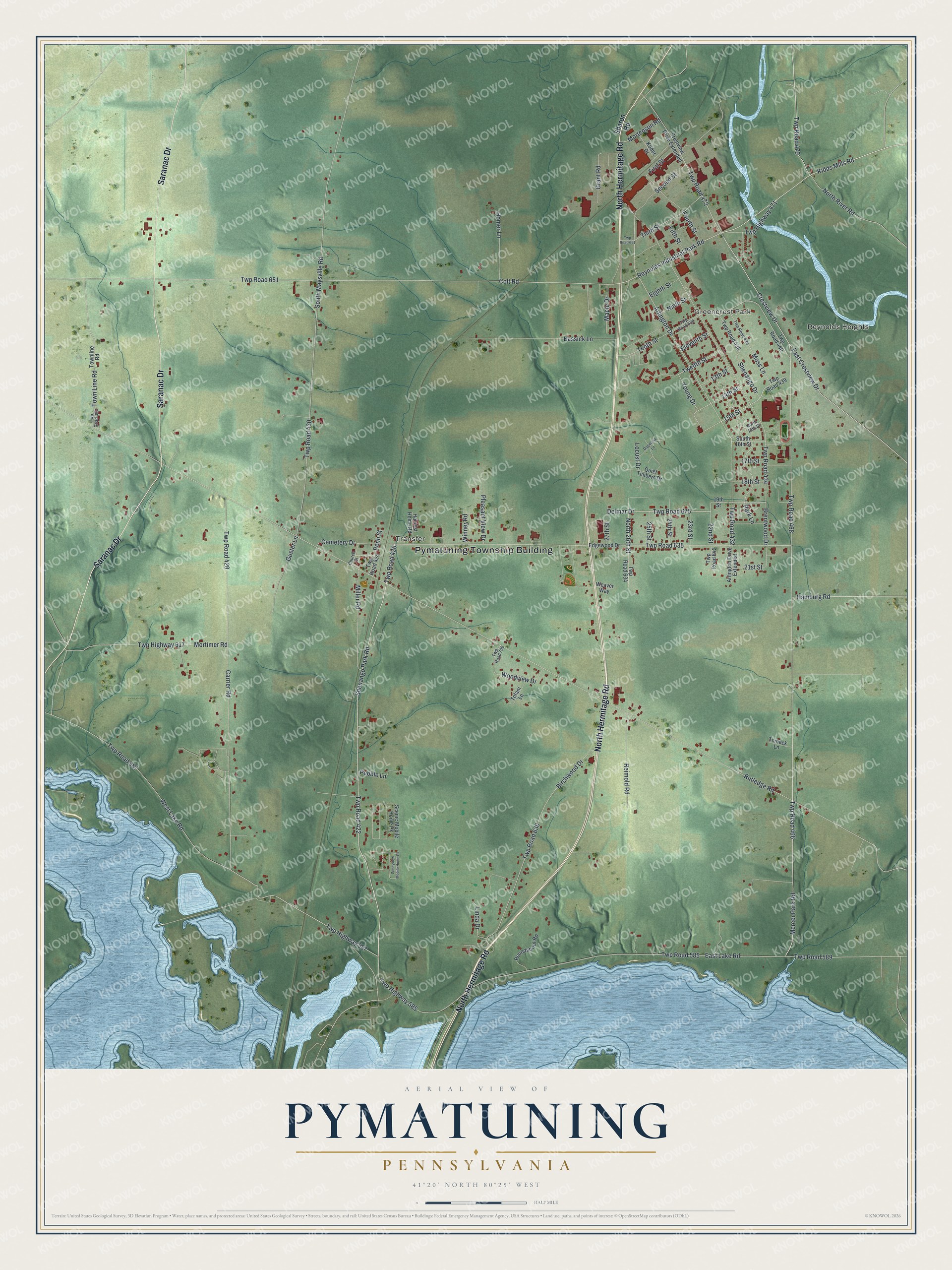 Full map of Pymatuning, Pennsylvania, with red buildings, printed street names and the land around them