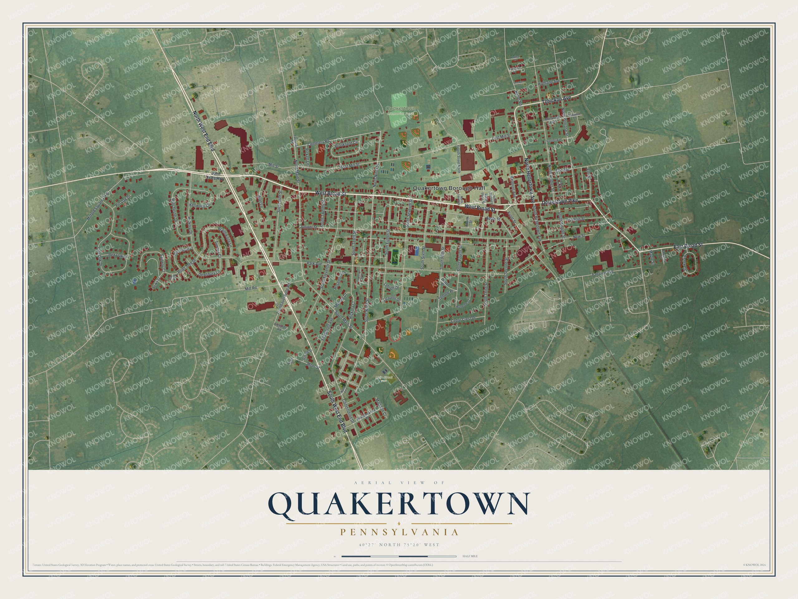 Full map of Quakertown, Pennsylvania, with red buildings, printed street names and the land around them