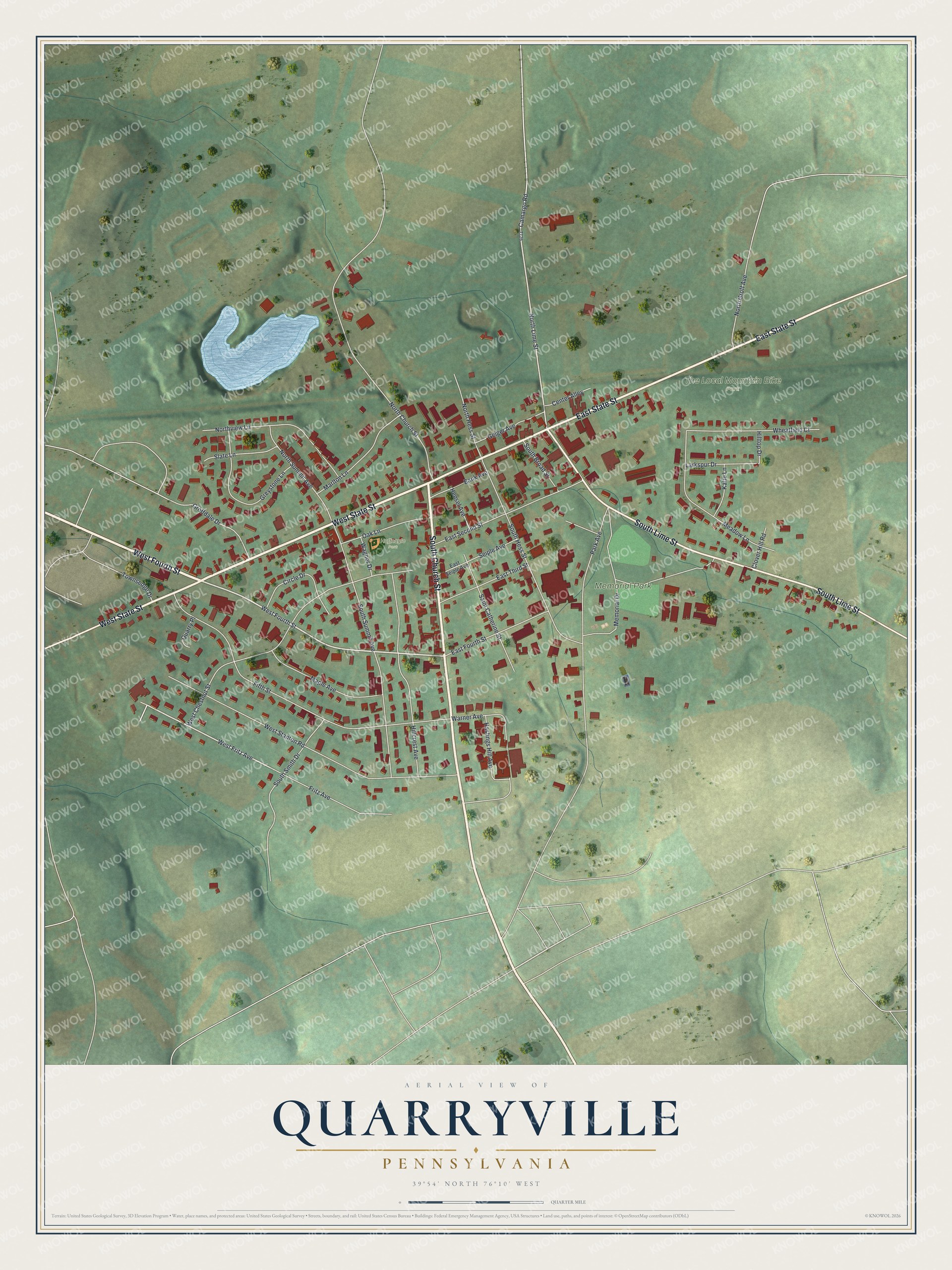 Full map of Quarryville, Pennsylvania, with red buildings, printed street names and the land around them