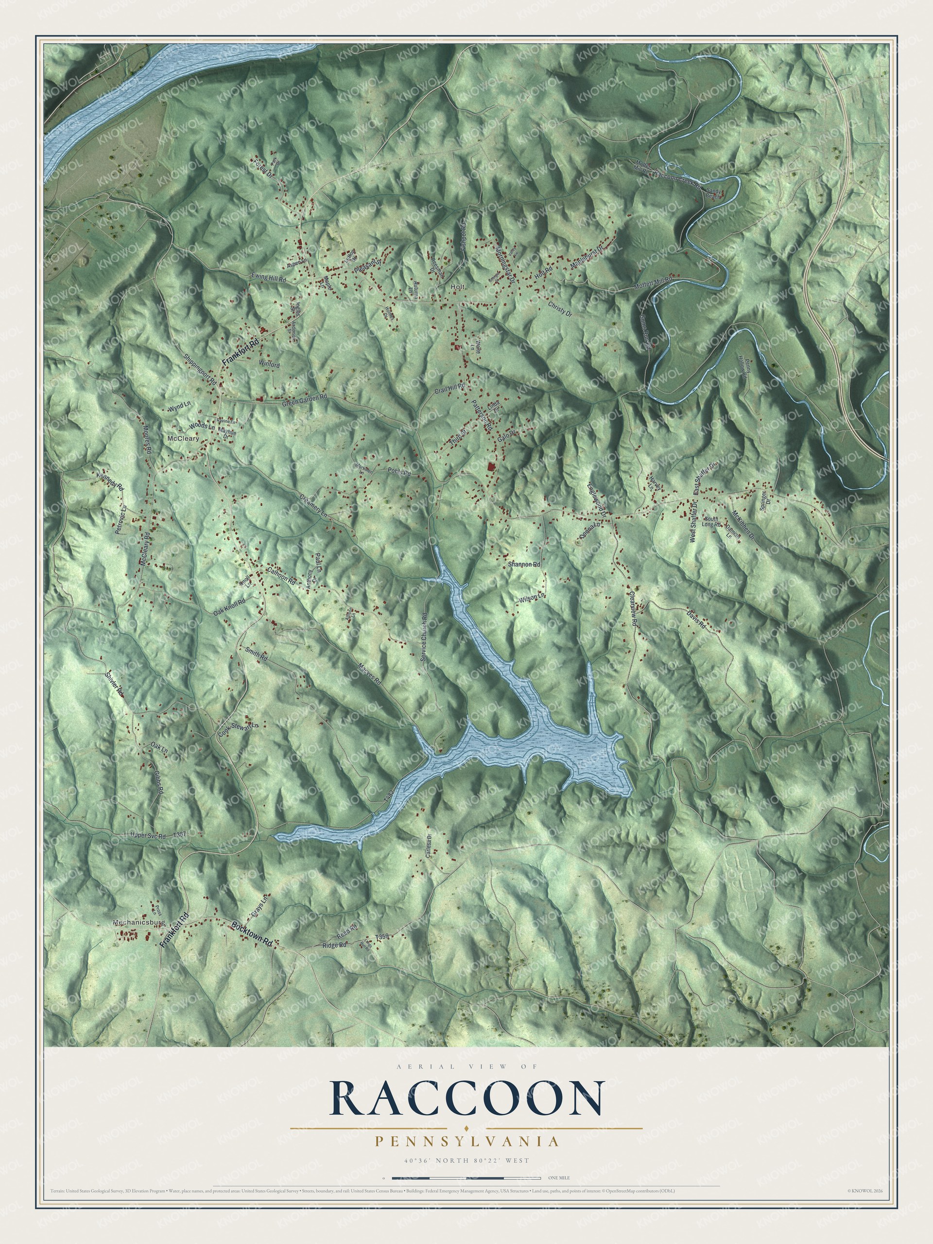 Full map of Raccoon, Pennsylvania, with red buildings, printed street names and the land around them