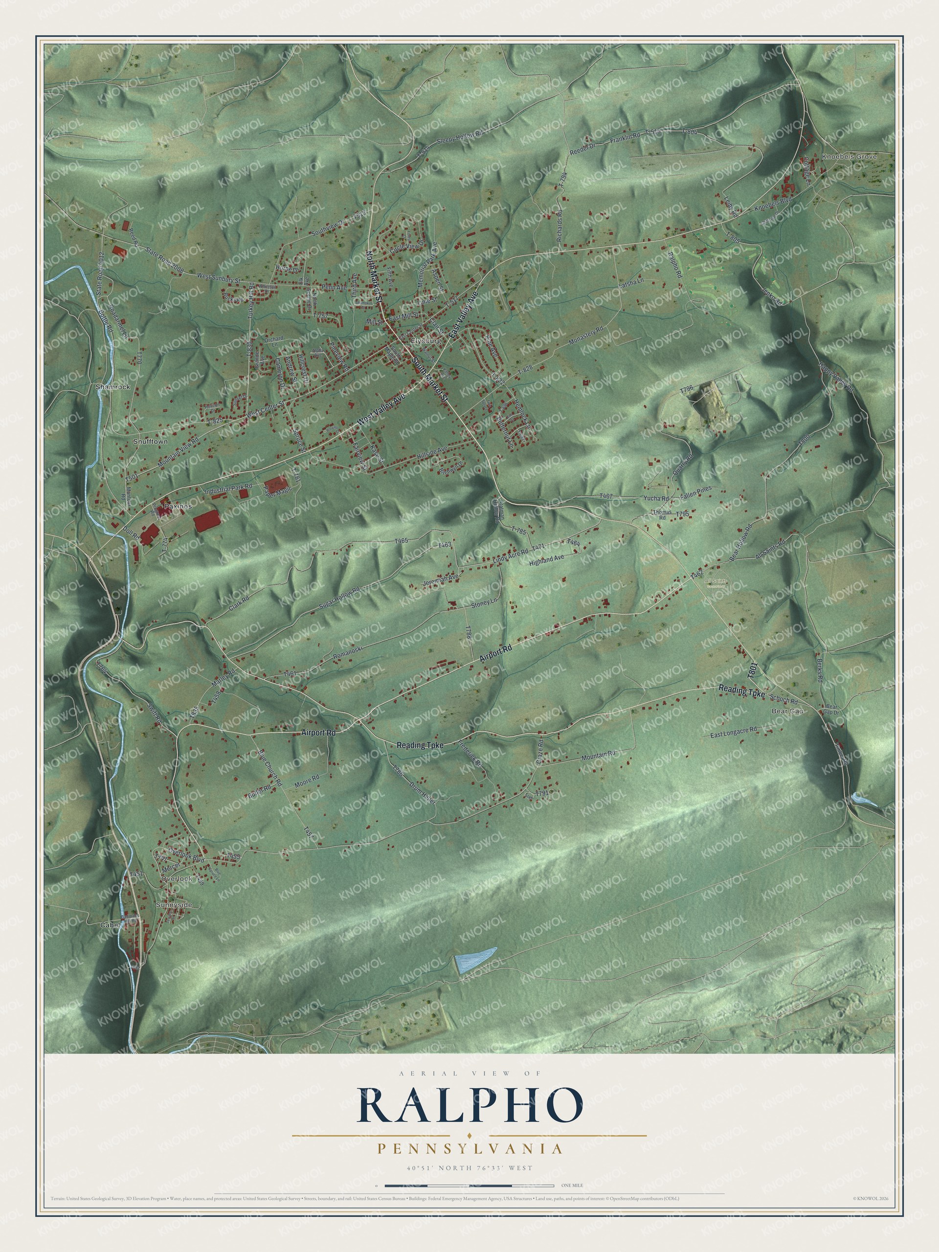 Full map of Ralpho, Pennsylvania, with red buildings, printed street names and the land around them