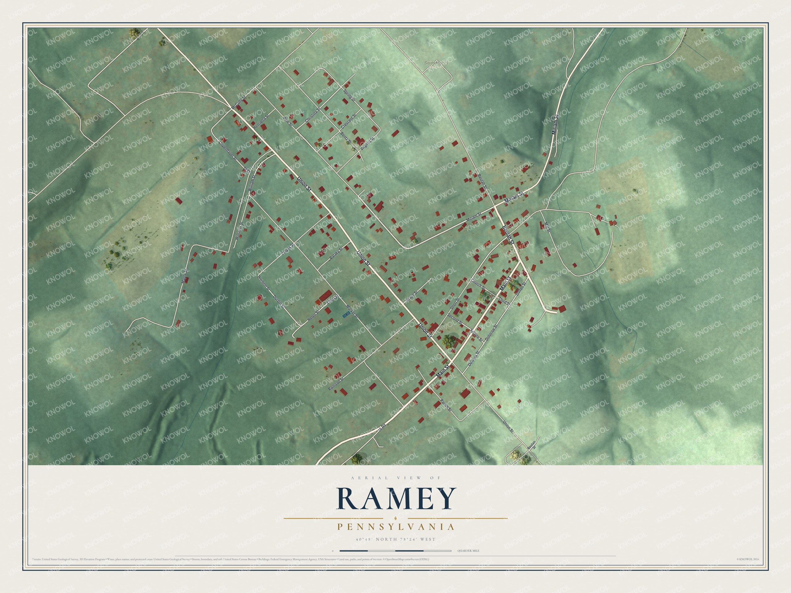 Full map of Ramey, Pennsylvania, with red buildings, printed street names and the land around them