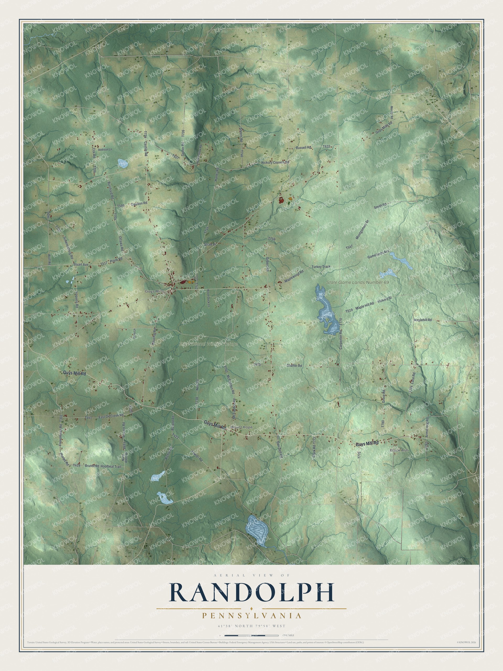 Full map of Randolph, Pennsylvania, with red buildings, printed street names and the land around them