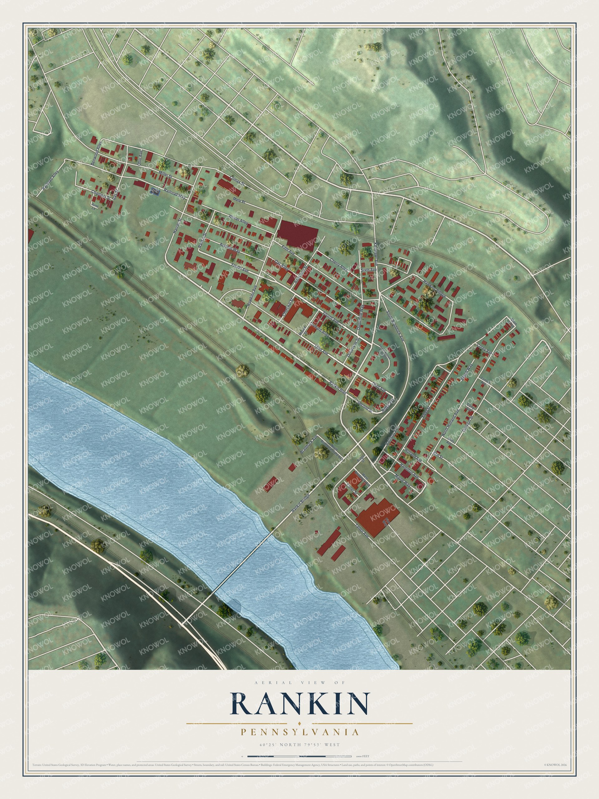 Full map of Rankin, Pennsylvania, with red buildings, printed street names and the land around them