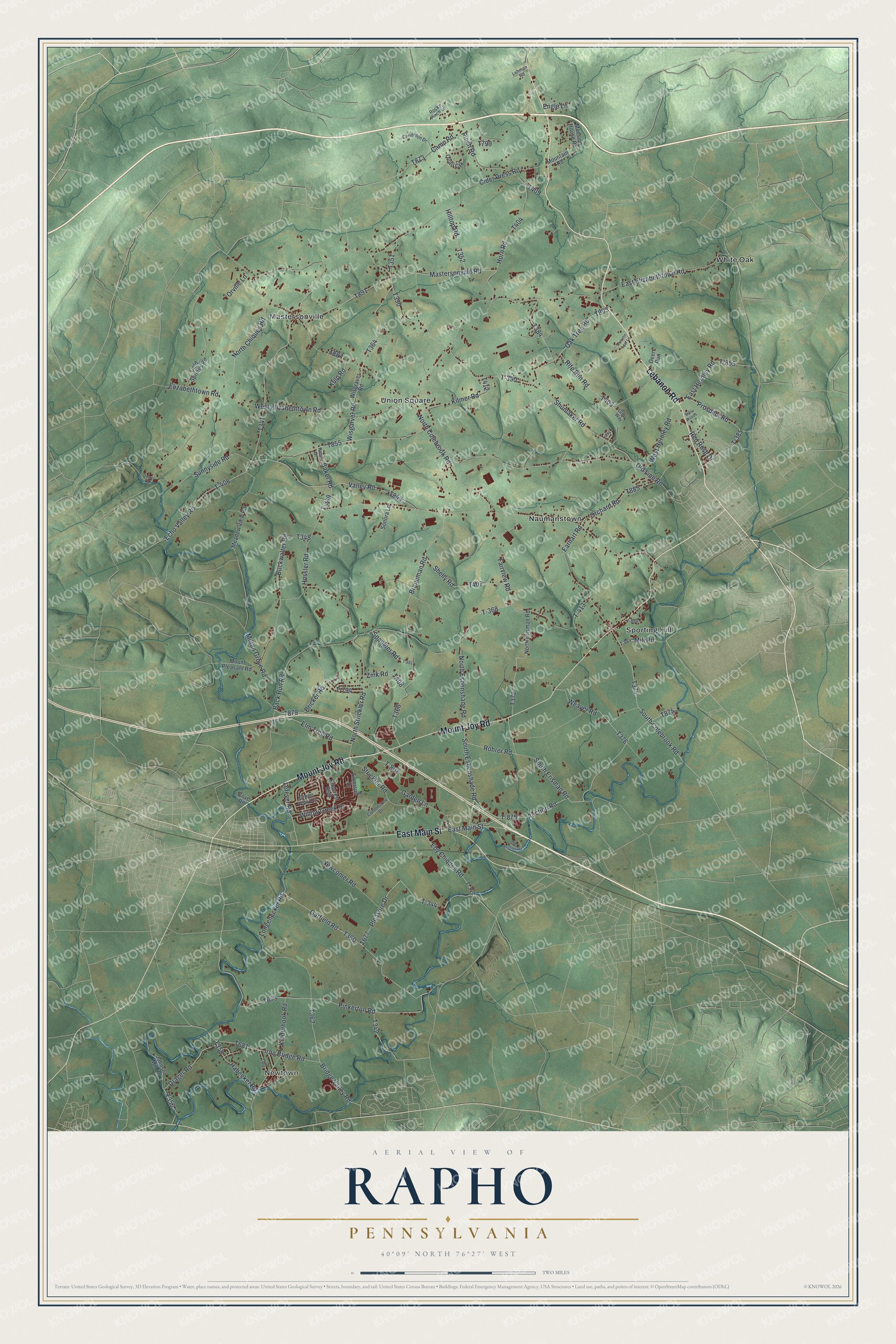Full map of Rapho, Pennsylvania, with red buildings, printed street names and the land around them