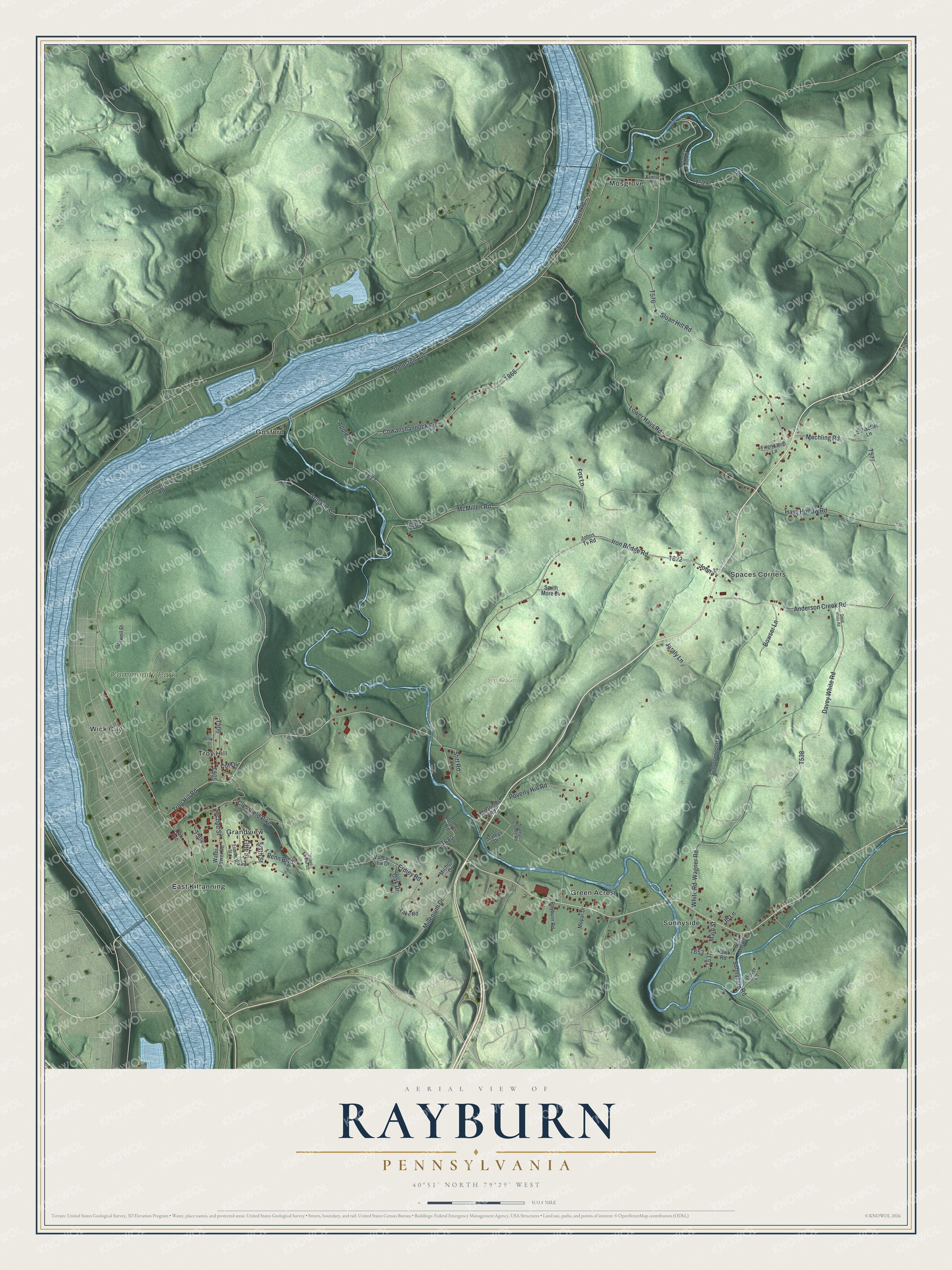 Full map of Rayburn, Pennsylvania, with red buildings, printed street names and the land around them