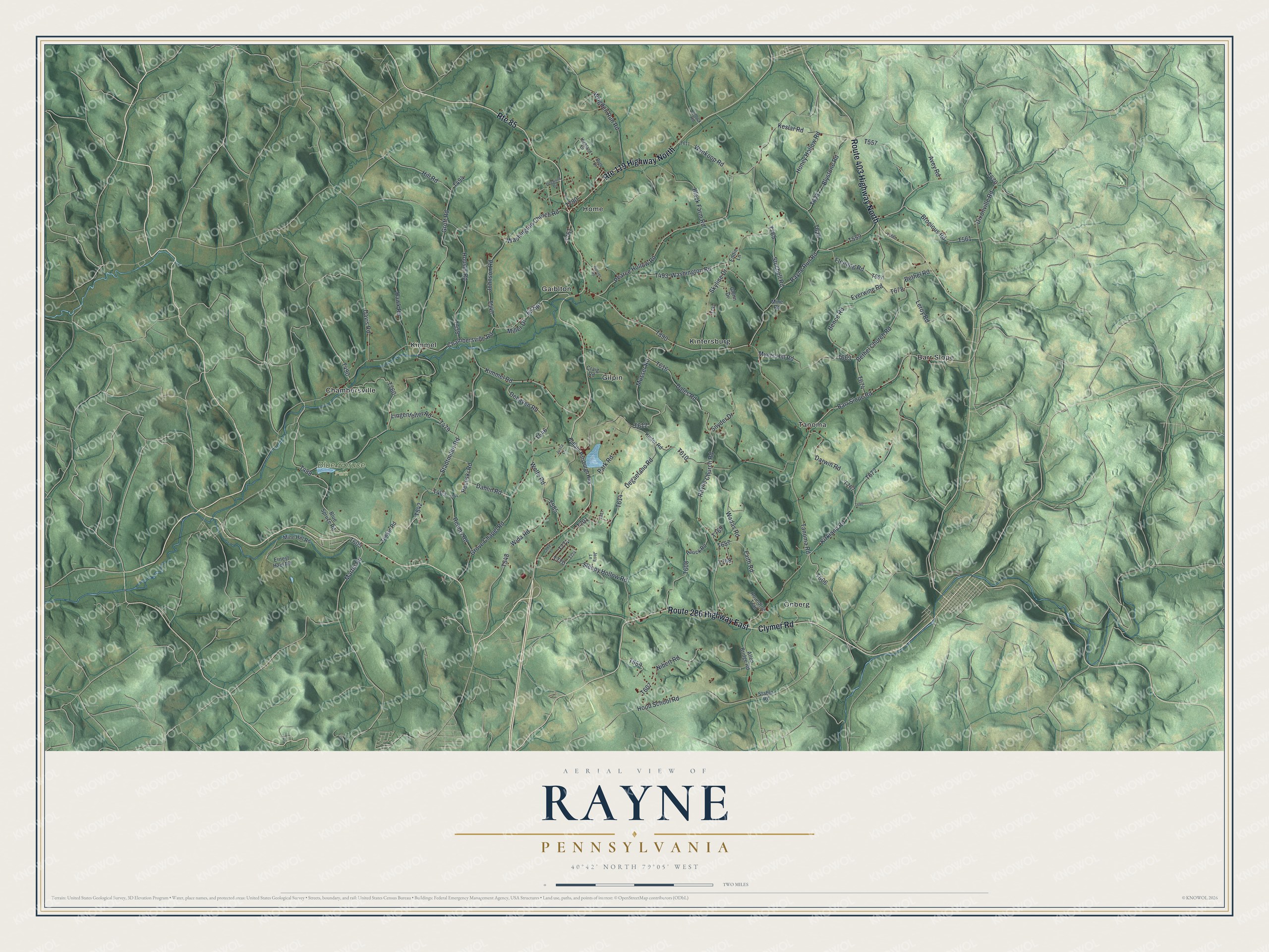 Full map of Rayne, Pennsylvania, with red buildings, printed street names and the land around them