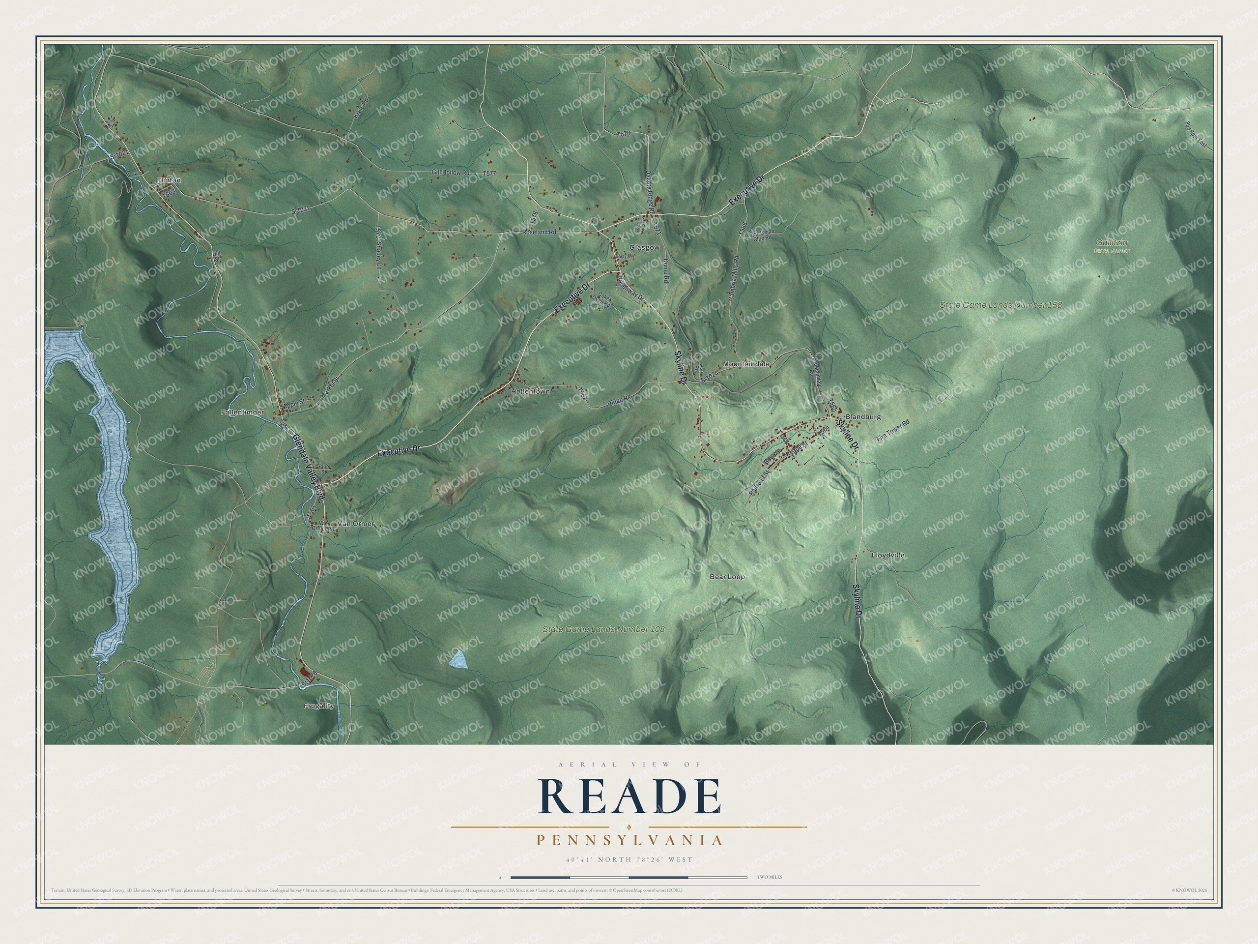 Full map of Reade, Pennsylvania, with red buildings, printed street names and the land around them