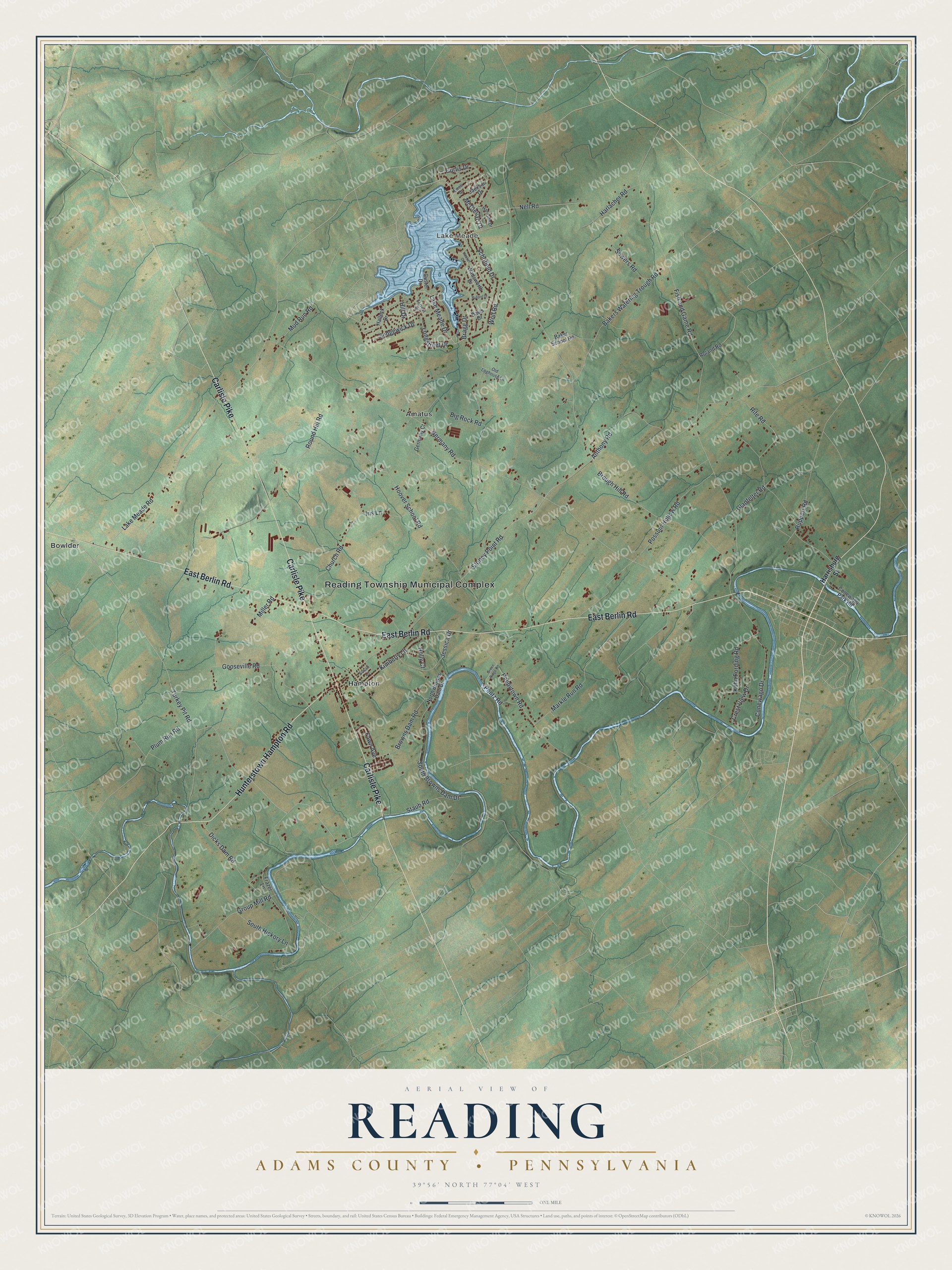 Full map of Reading, Adams County, Pennsylvania, with red buildings, printed street names and the land around them