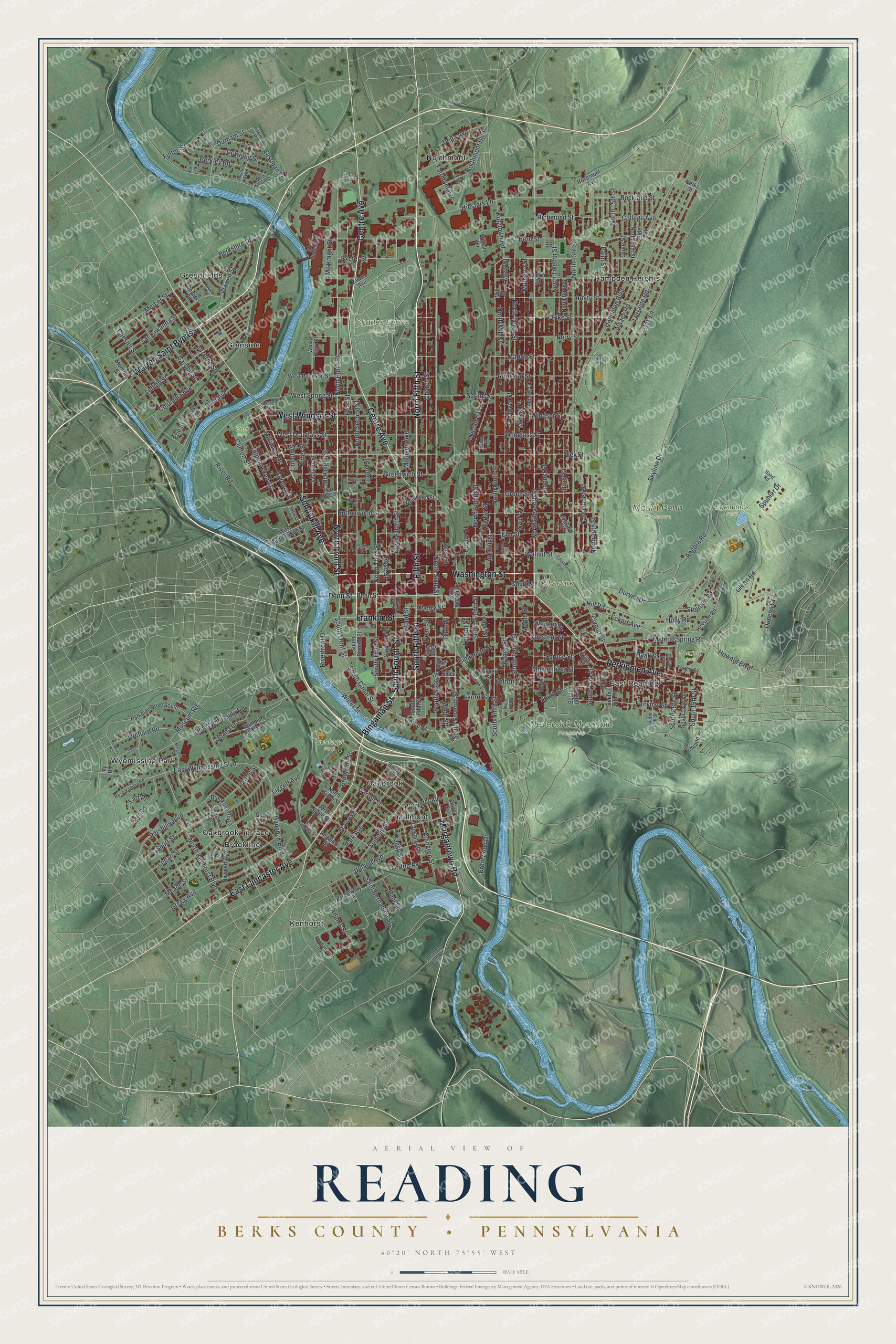 Full map of Reading, Berks County, Pennsylvania, with red buildings, printed street names and the land around them