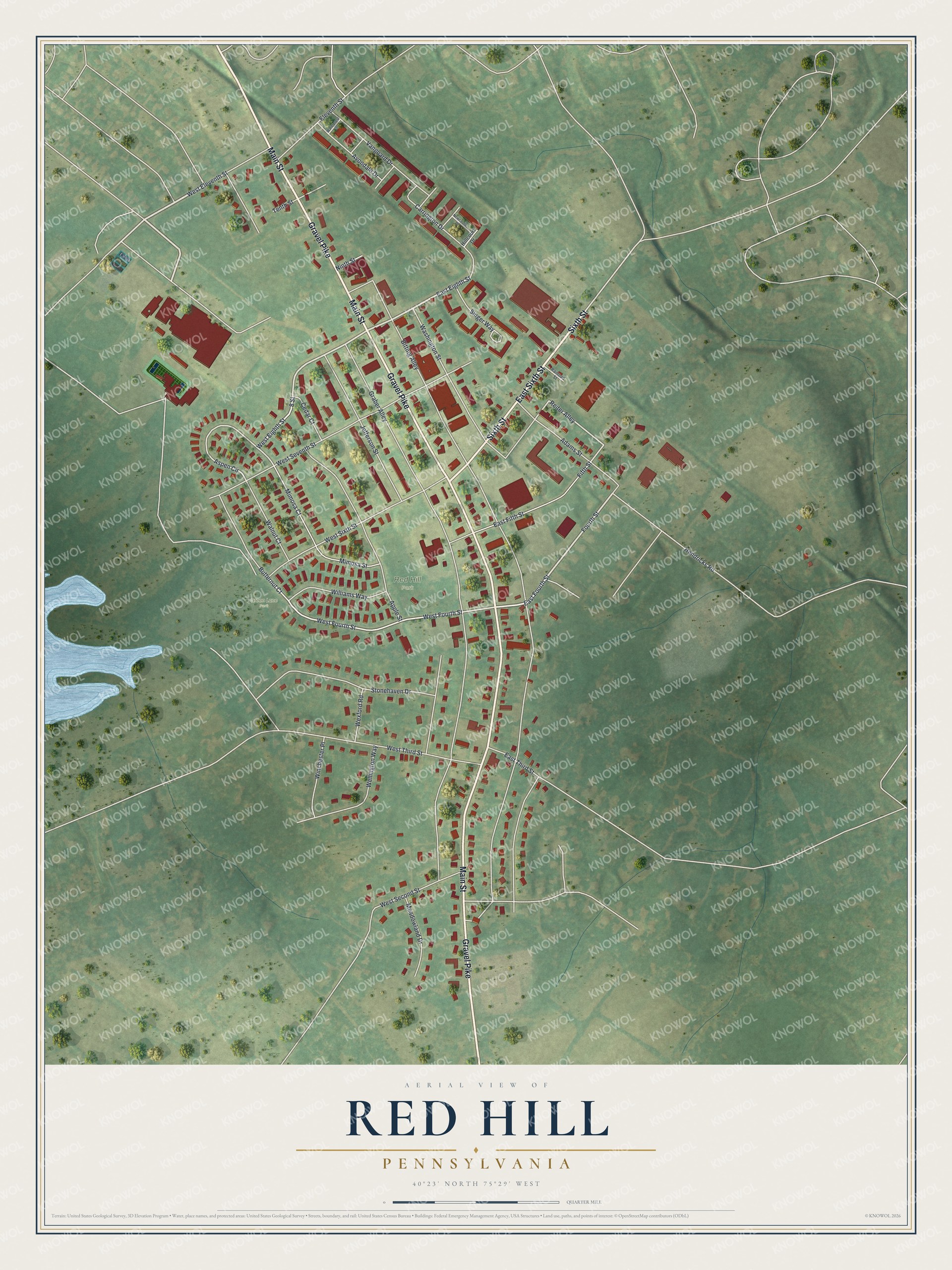 Full map of Red Hill, Pennsylvania, with red buildings, printed street names and the land around them