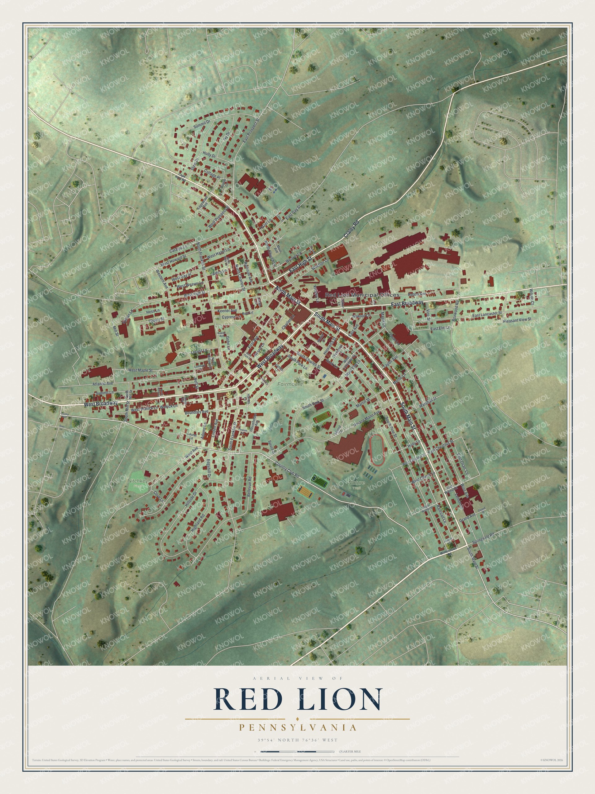 Full map of Red Lion, Pennsylvania, with red buildings, printed street names and the land around them