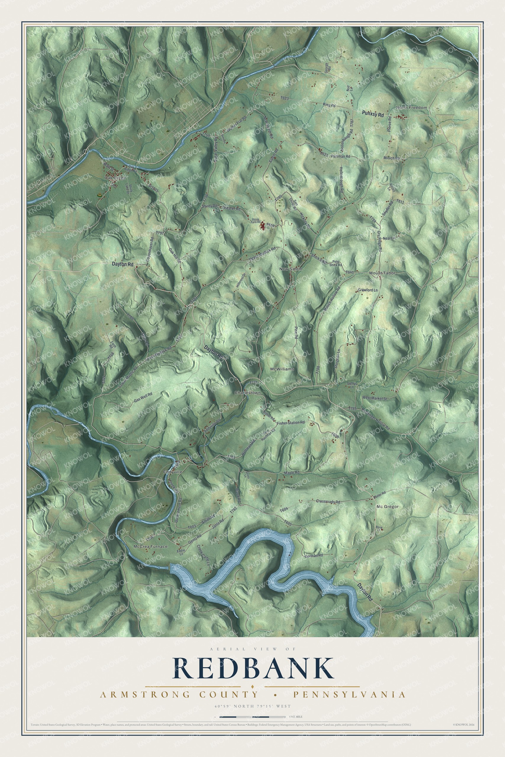 Full map of Redbank, Armstrong County, Pennsylvania, with red buildings, printed street names and the land around them
