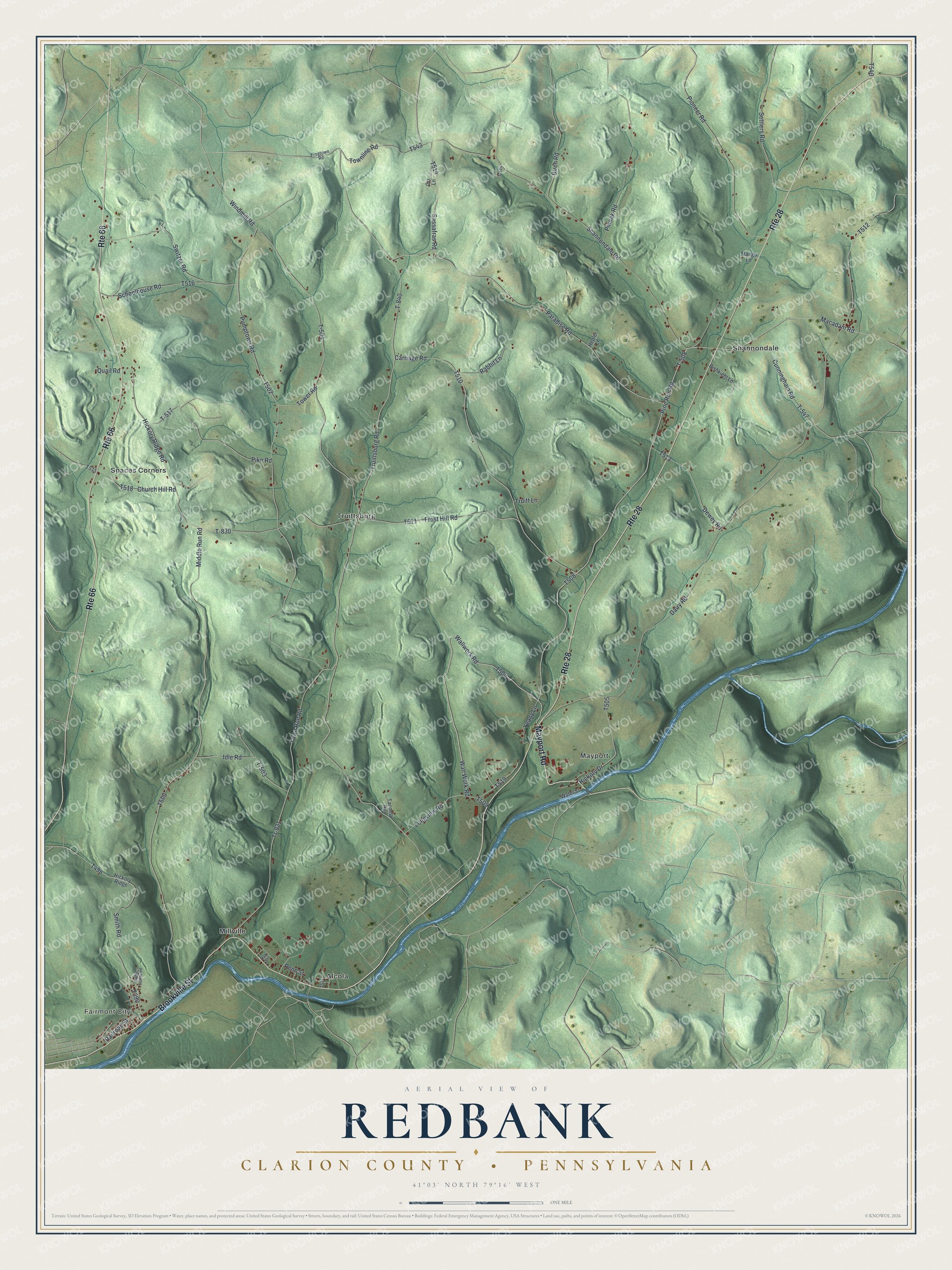 Full map of Redbank, Clarion County, Pennsylvania, with red buildings, printed street names and the land around them