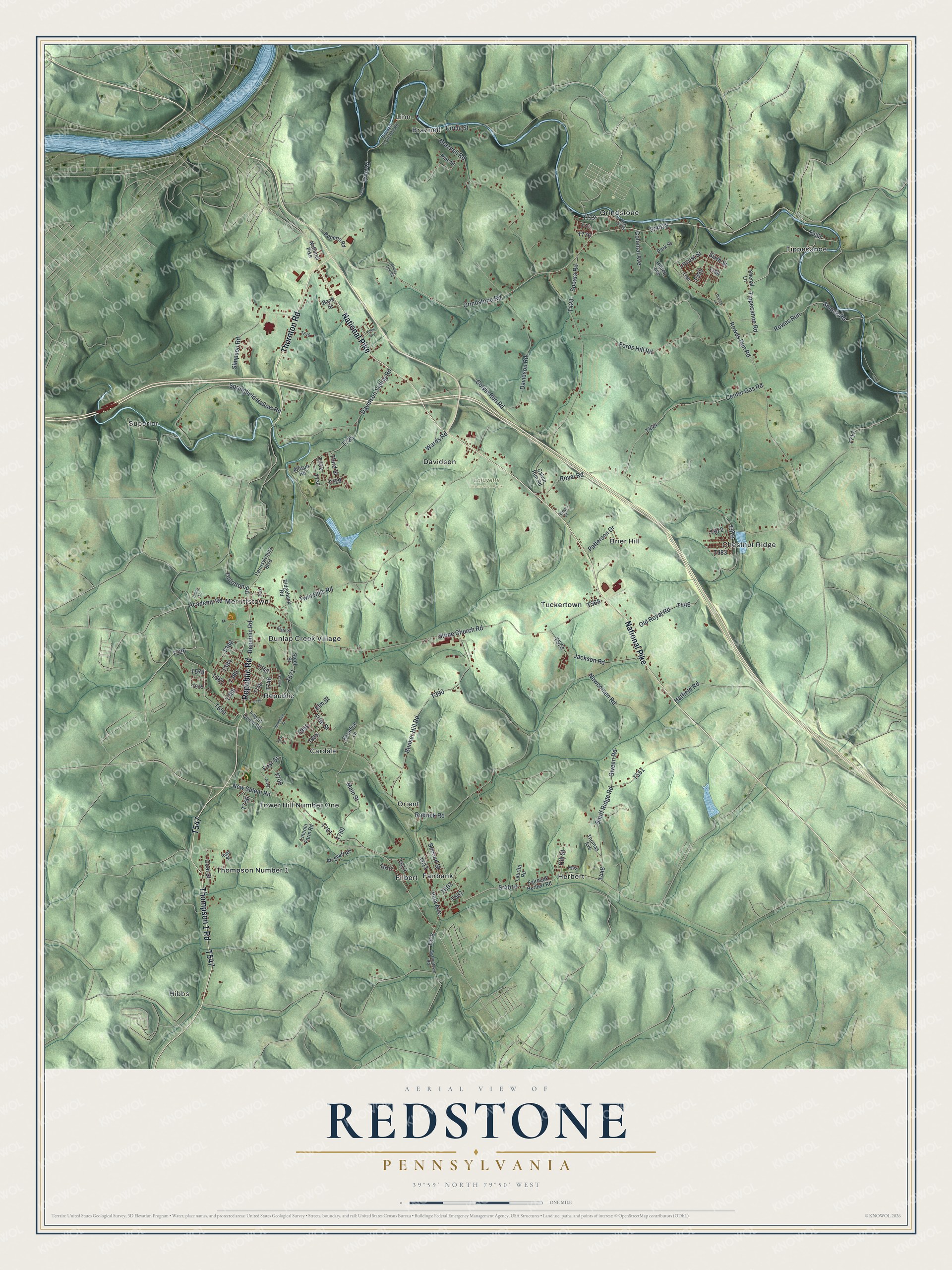Map of Redstone Township in Fayette County with green shaded hills, red buildings, the National Pike and villages from Grindstone to Filbert