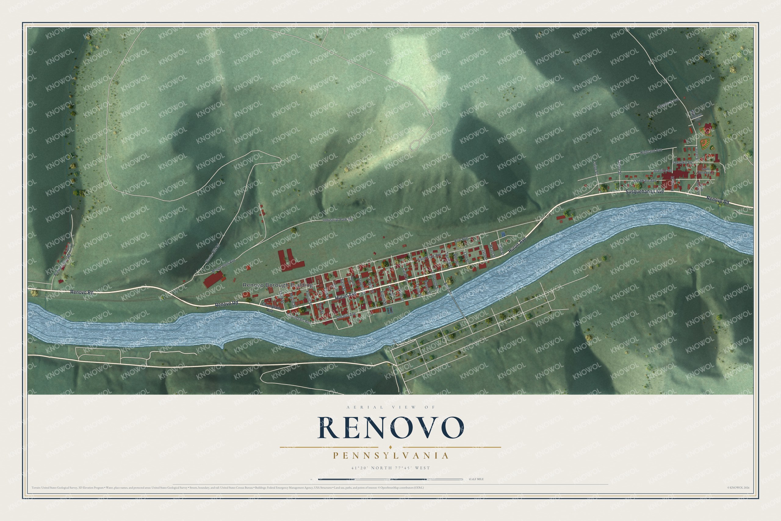 Full map of Renovo, Pennsylvania, with red buildings, printed street names and the land around them