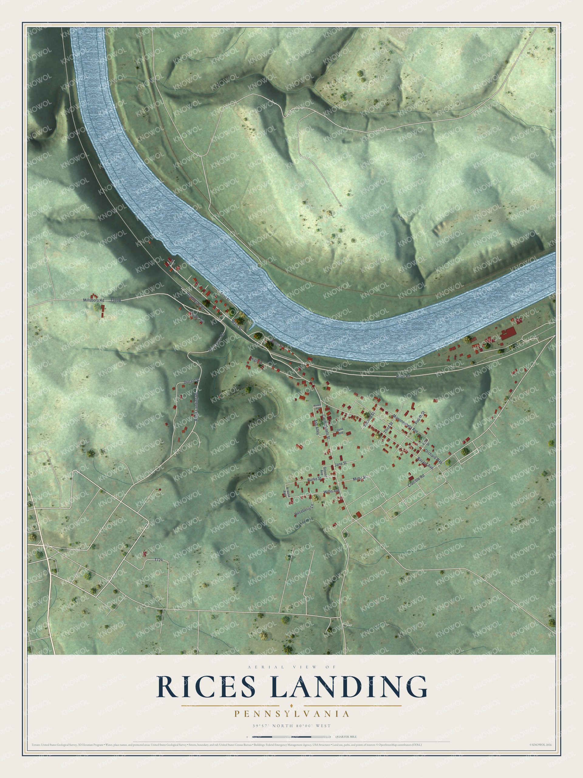 Full map of Rices Landing, Pennsylvania, with red buildings, printed street names and the land around them