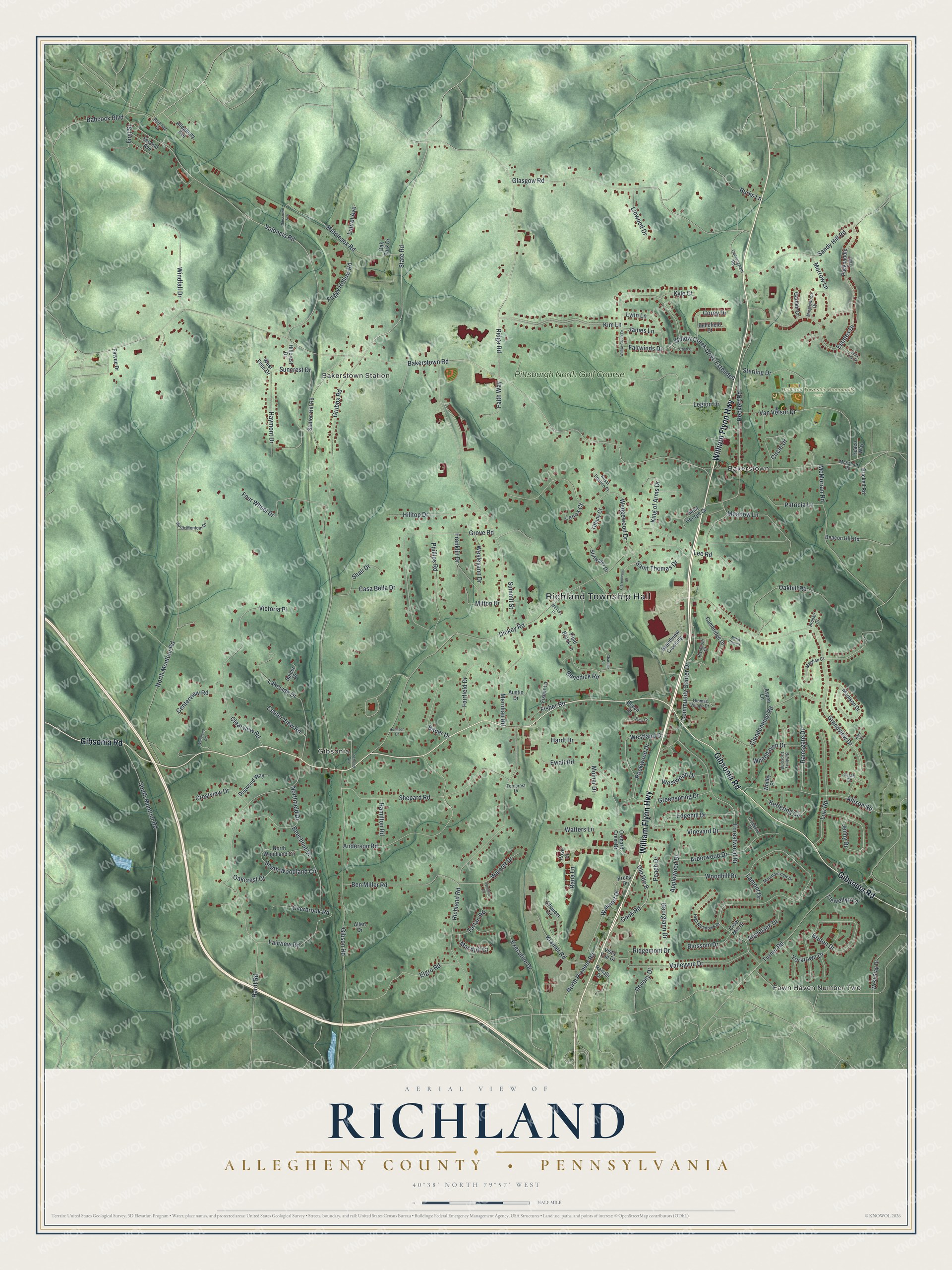 Full map of Richland, Allegheny County, Pennsylvania, with red buildings, printed street names and the land around them