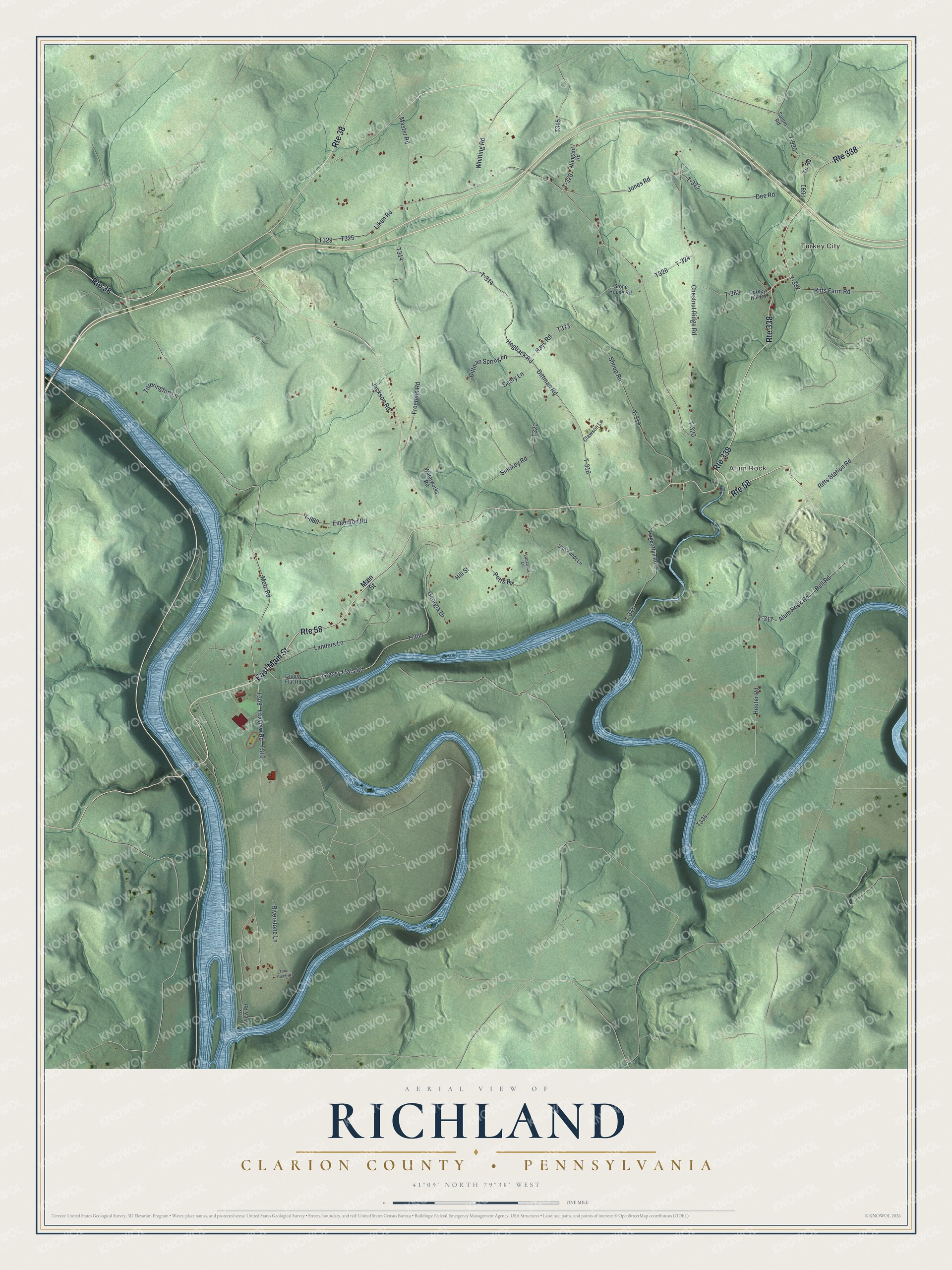 Full map of Richland, Clarion County, Pennsylvania, with red buildings, printed street names and the land around them