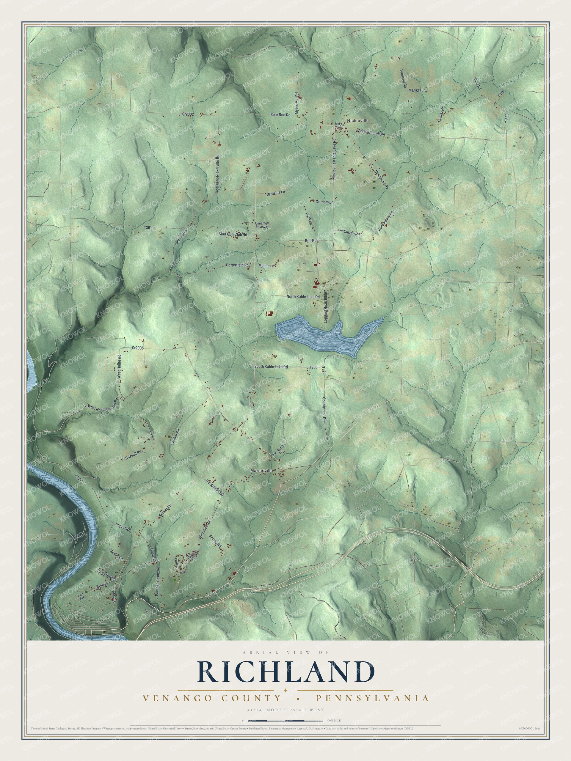 Full map of Richland, Venango County, Pennsylvania, with red buildings, printed street names and the land around them