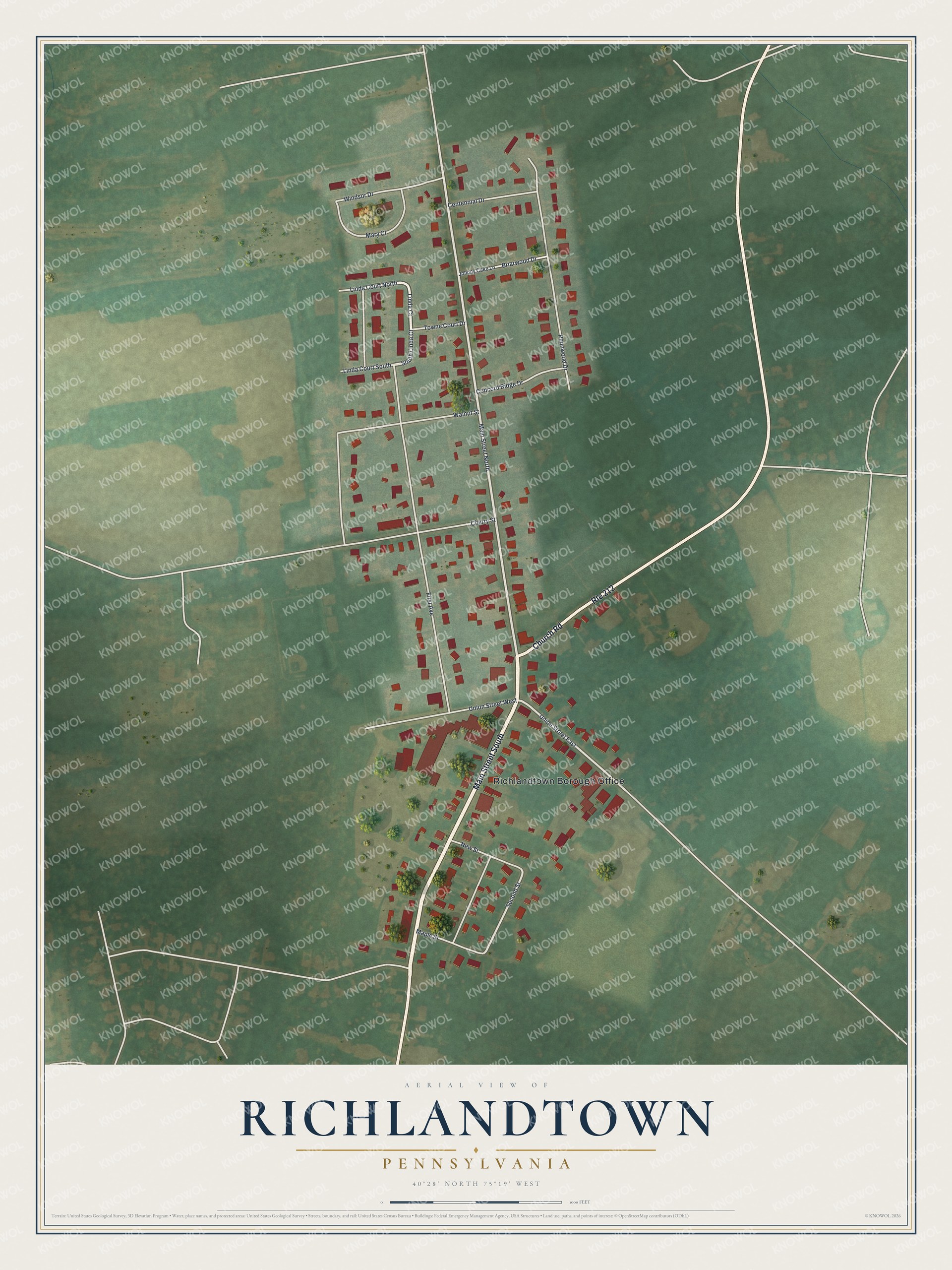 Full map of Richlandtown, Pennsylvania, with red buildings, printed street names and the land around them