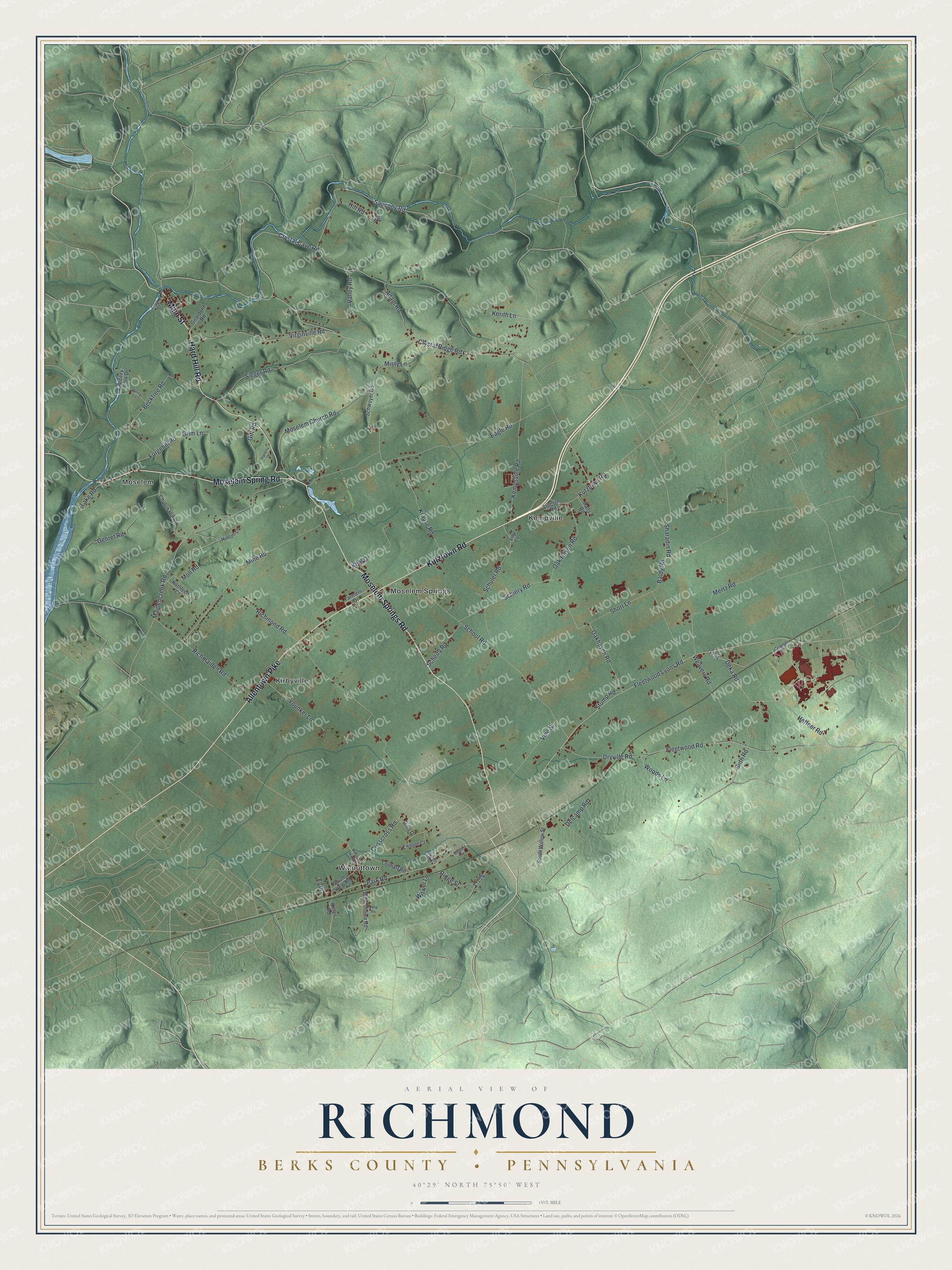 Full map of Richmond, Berks County, Pennsylvania, with red buildings, printed street names and the land around them